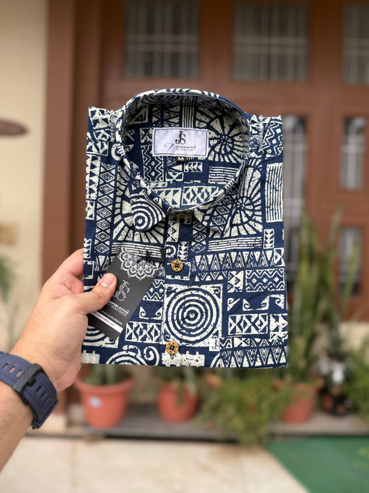 Navy Maze Printed Mens Half Sleeves Cotton Shirt