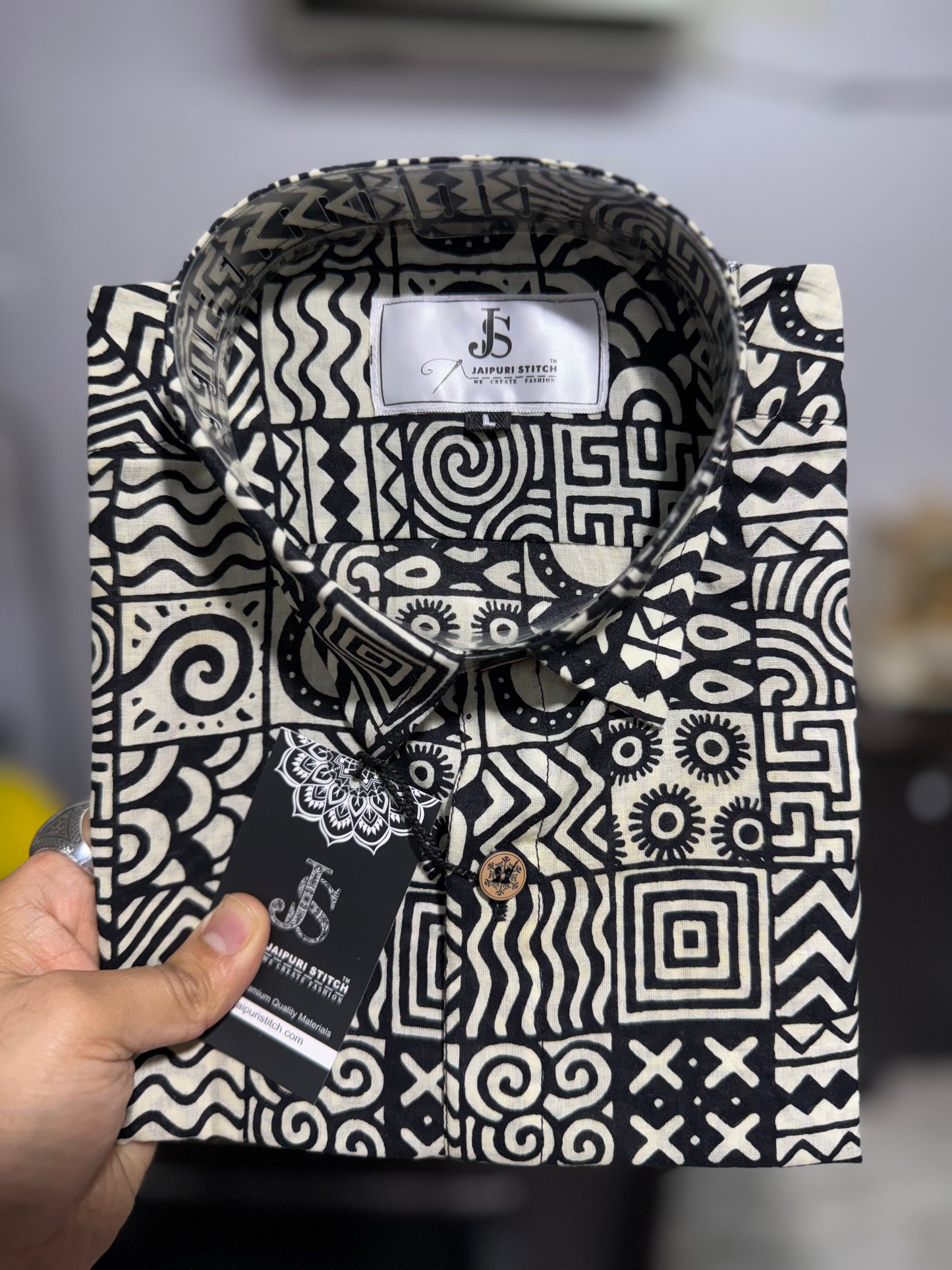Black Geometric Puzzle Printed Half Sleeves Cotton Shirt for Men