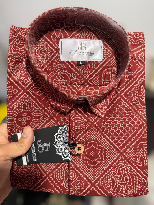 Maroon Figure Bandhej Printed Half Sleeves Cotton Shirt for Men