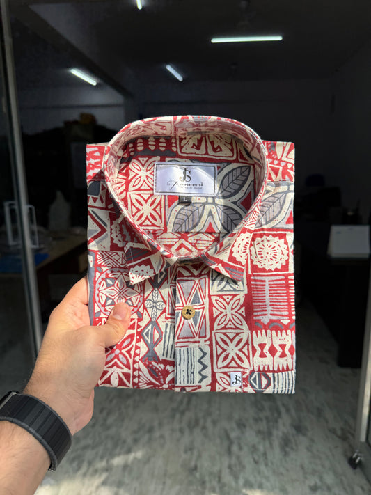 Red Mosaic Ethnic Print Half Sleeves Cotton Shirt for Men