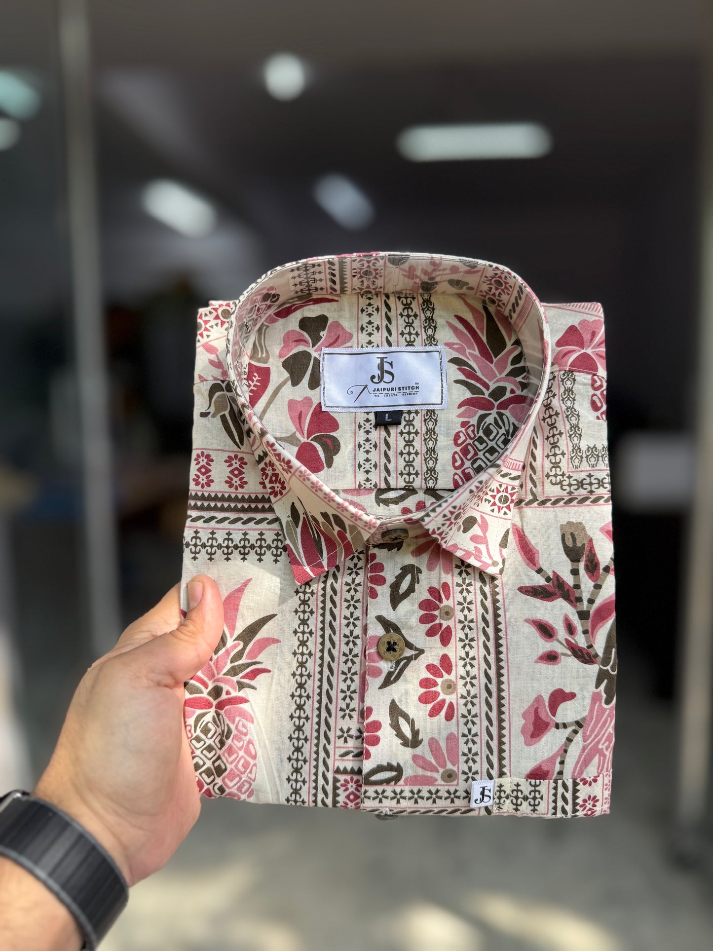 White Floral Patchwork Print Half Sleeves Cotton Shirt for Men