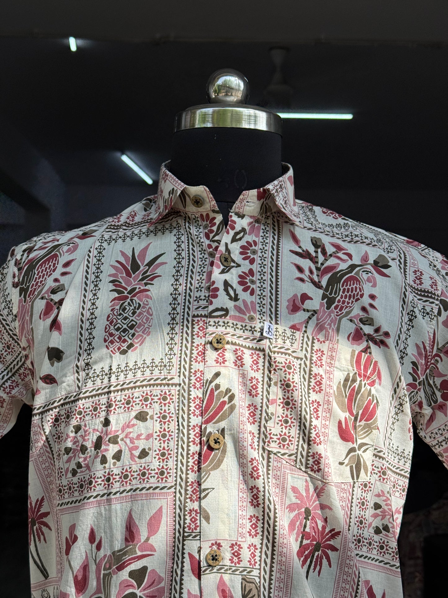 White Floral Patchwork Print Half Sleeves Cotton Shirt for Men