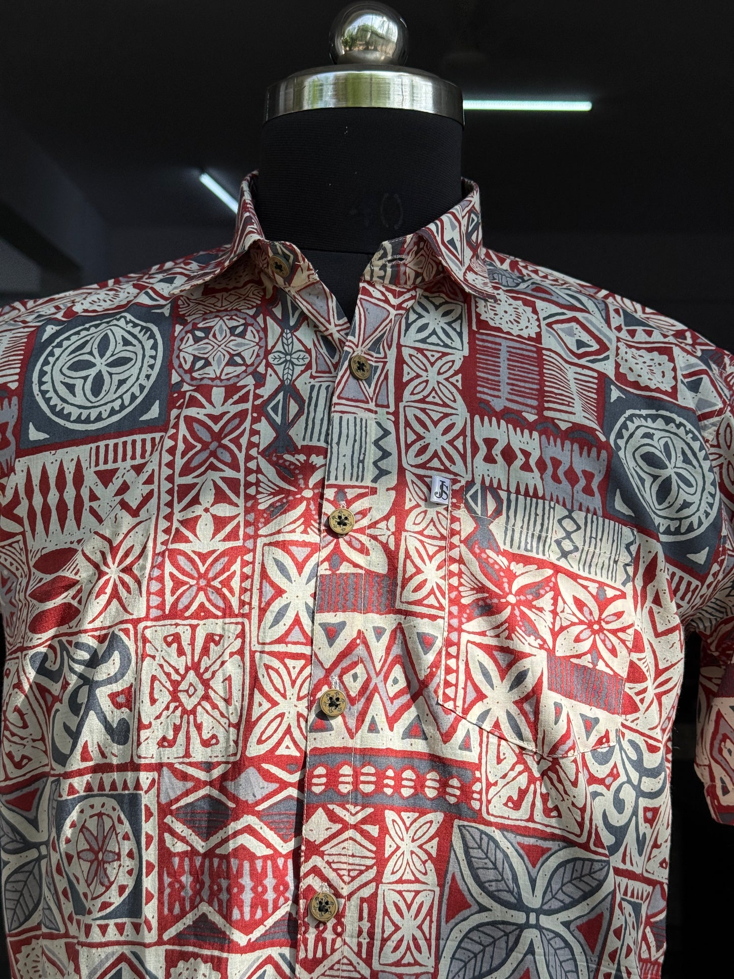 Red Mosaic Ethnic Print Half Sleeves Cotton Shirt for Men