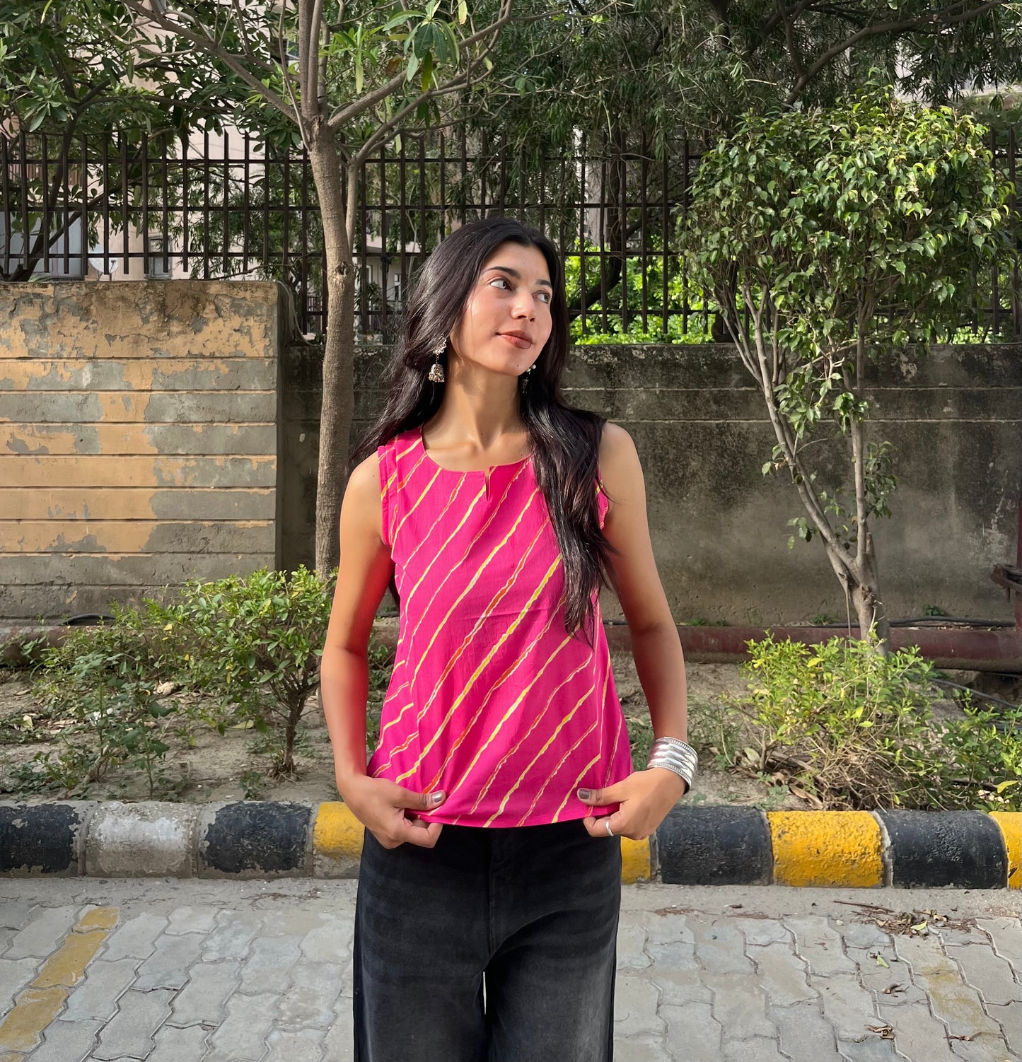 Pink Leheriya Printed Cotton Sleeveless Top for Women