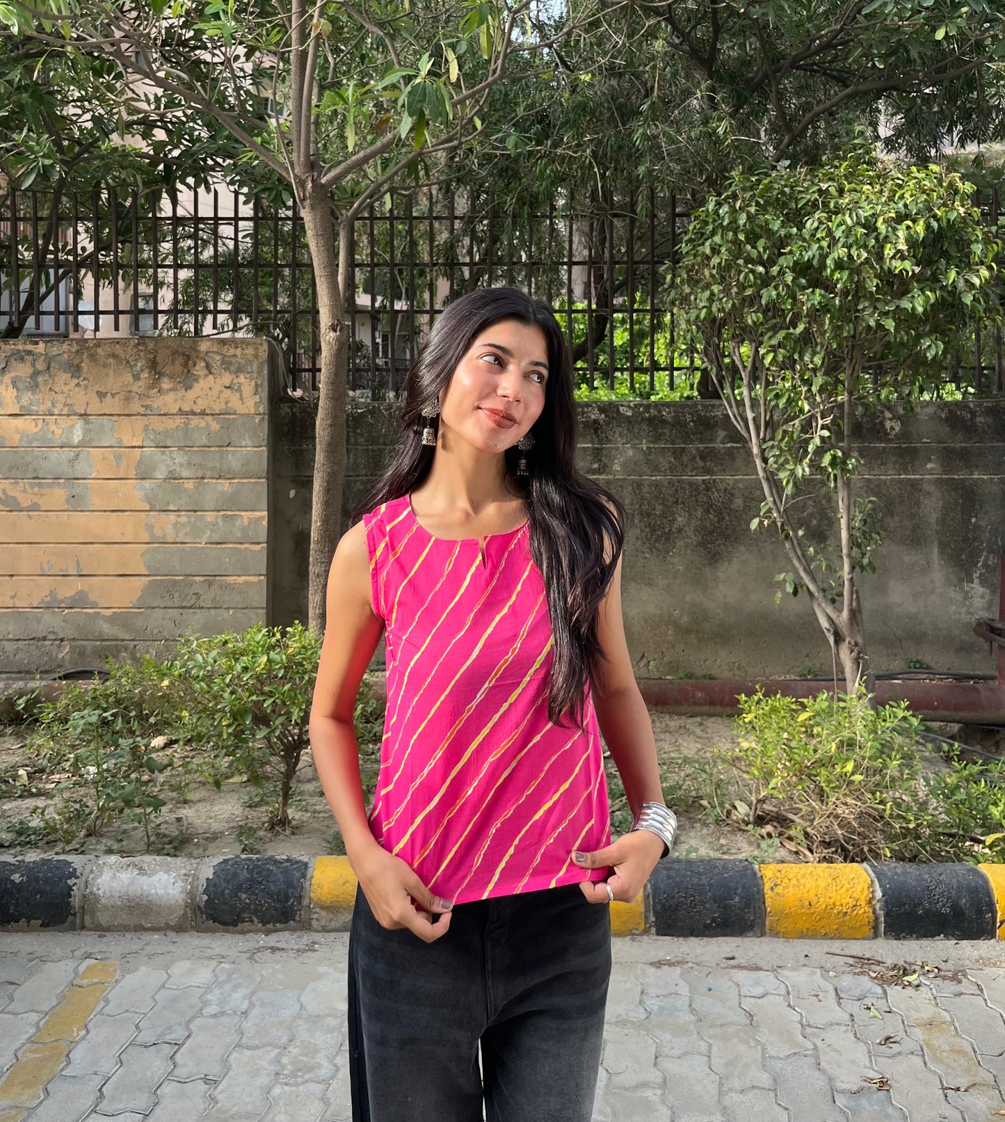 Pink Leheriya Printed Cotton Sleeveless Top for Women