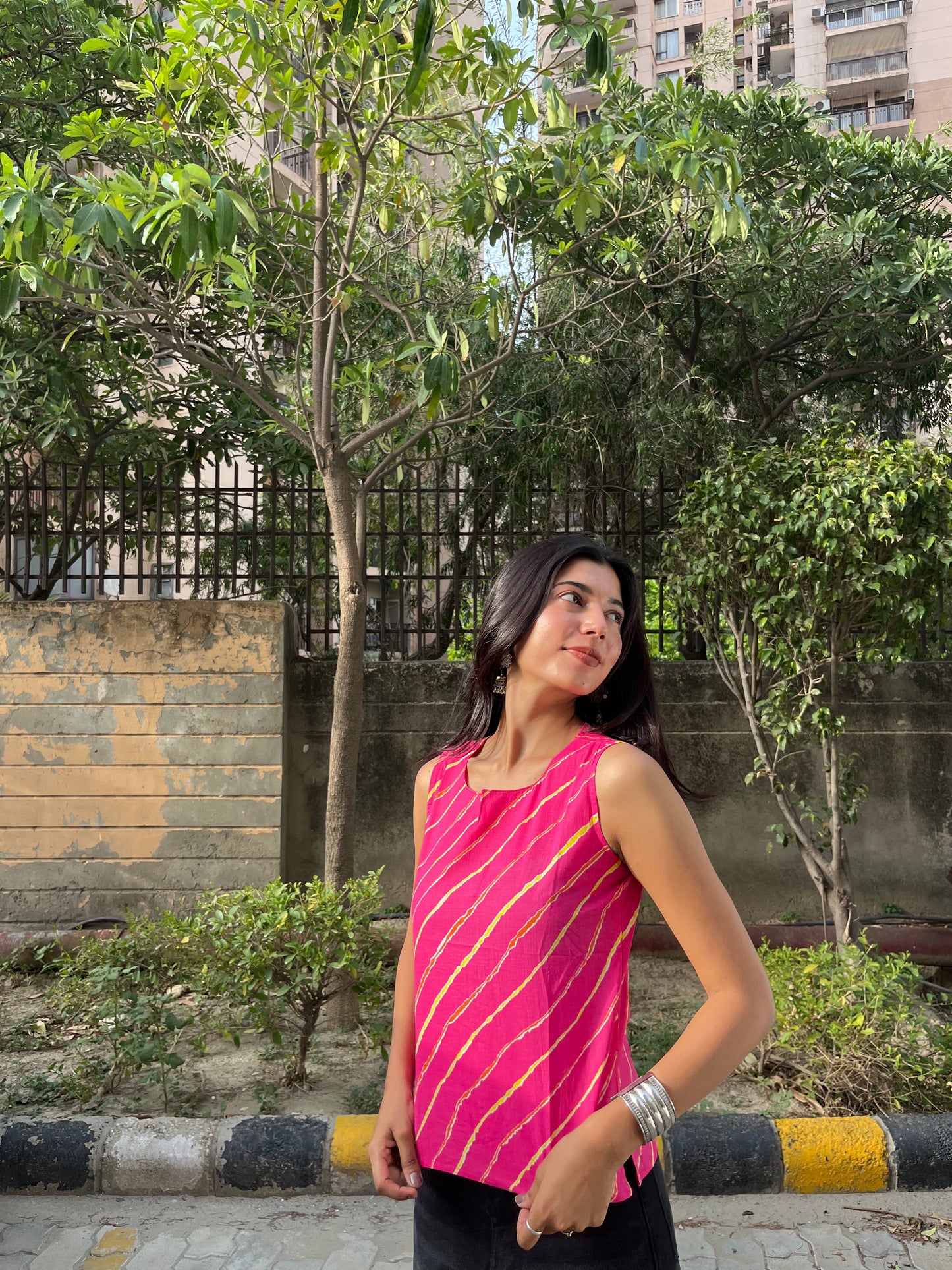 Pink Leheriya Printed Cotton Sleeveless Top for Women