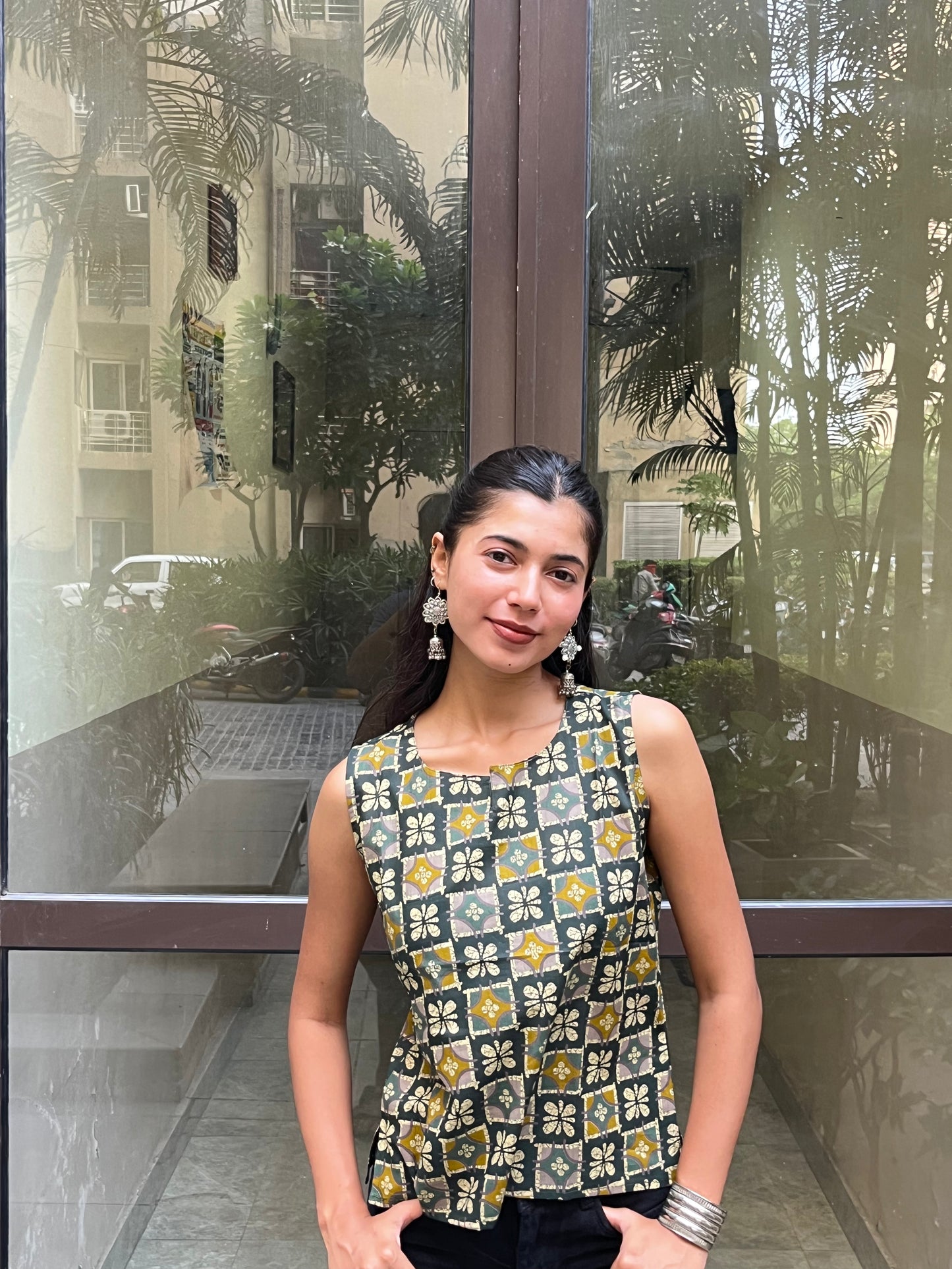 Green Geometric Floral Printed Cotton Sleeveless Top for Women