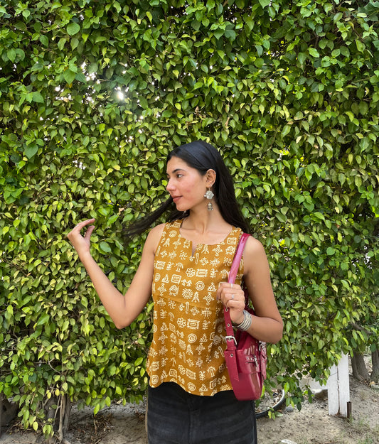 Mustard Tribal Printed Cotton Sleeveless Top for Women