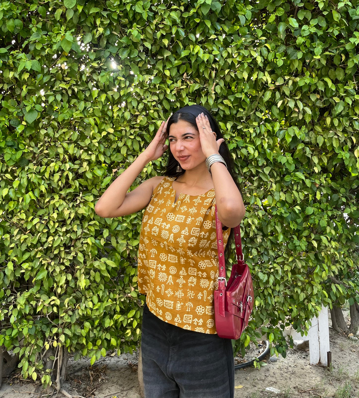 Mustard Tribal Printed Cotton Sleeveless Top for Women