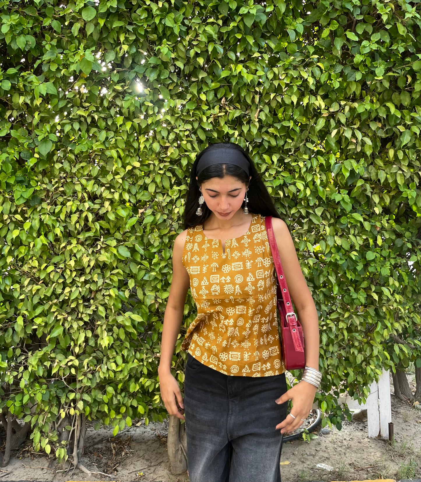Mustard Tribal Printed Cotton Sleeveless Top for Women