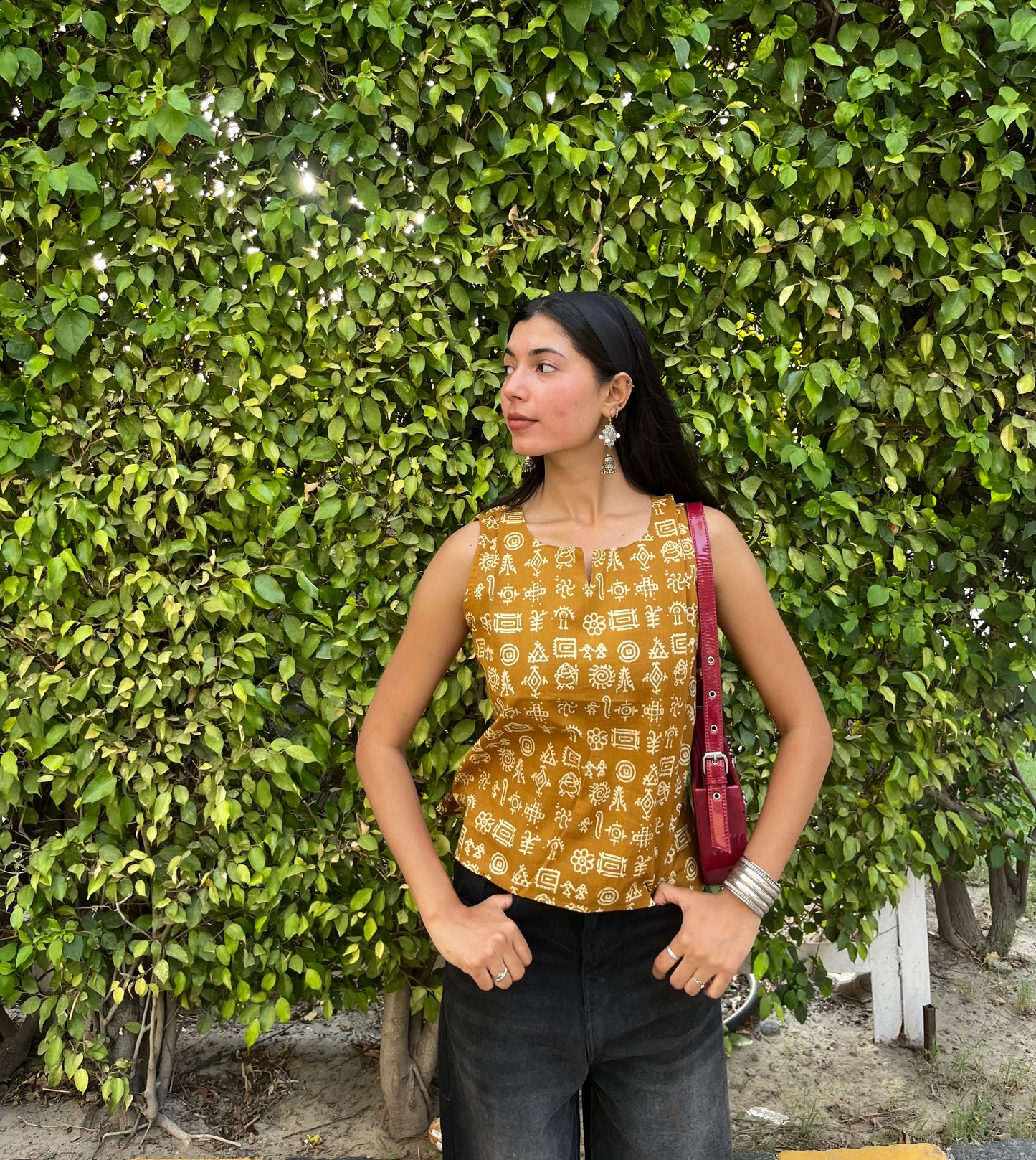 Mustard Tribal Printed Cotton Sleeveless Top for Women