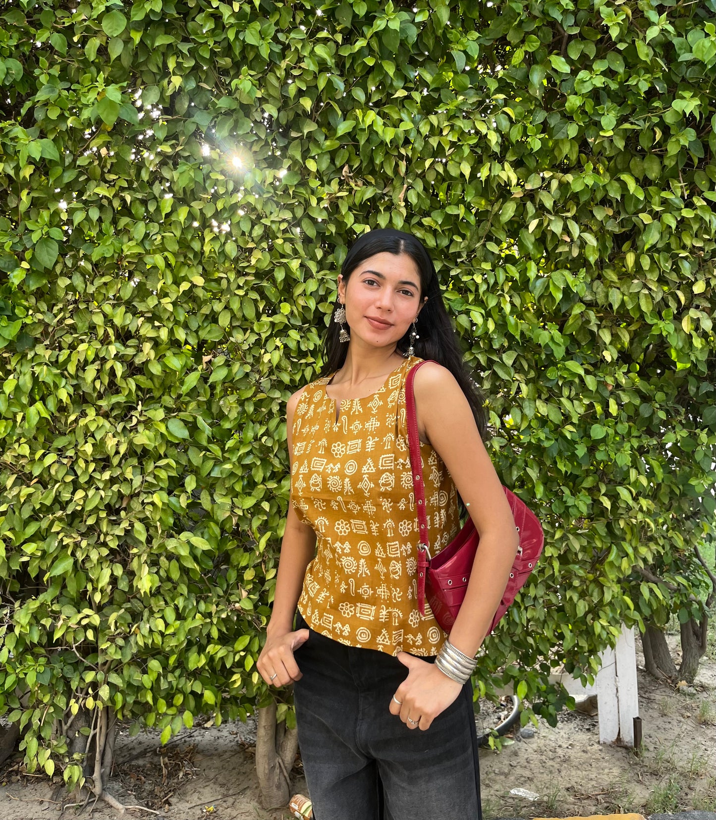 Mustard Tribal Printed Cotton Sleeveless Top for Women