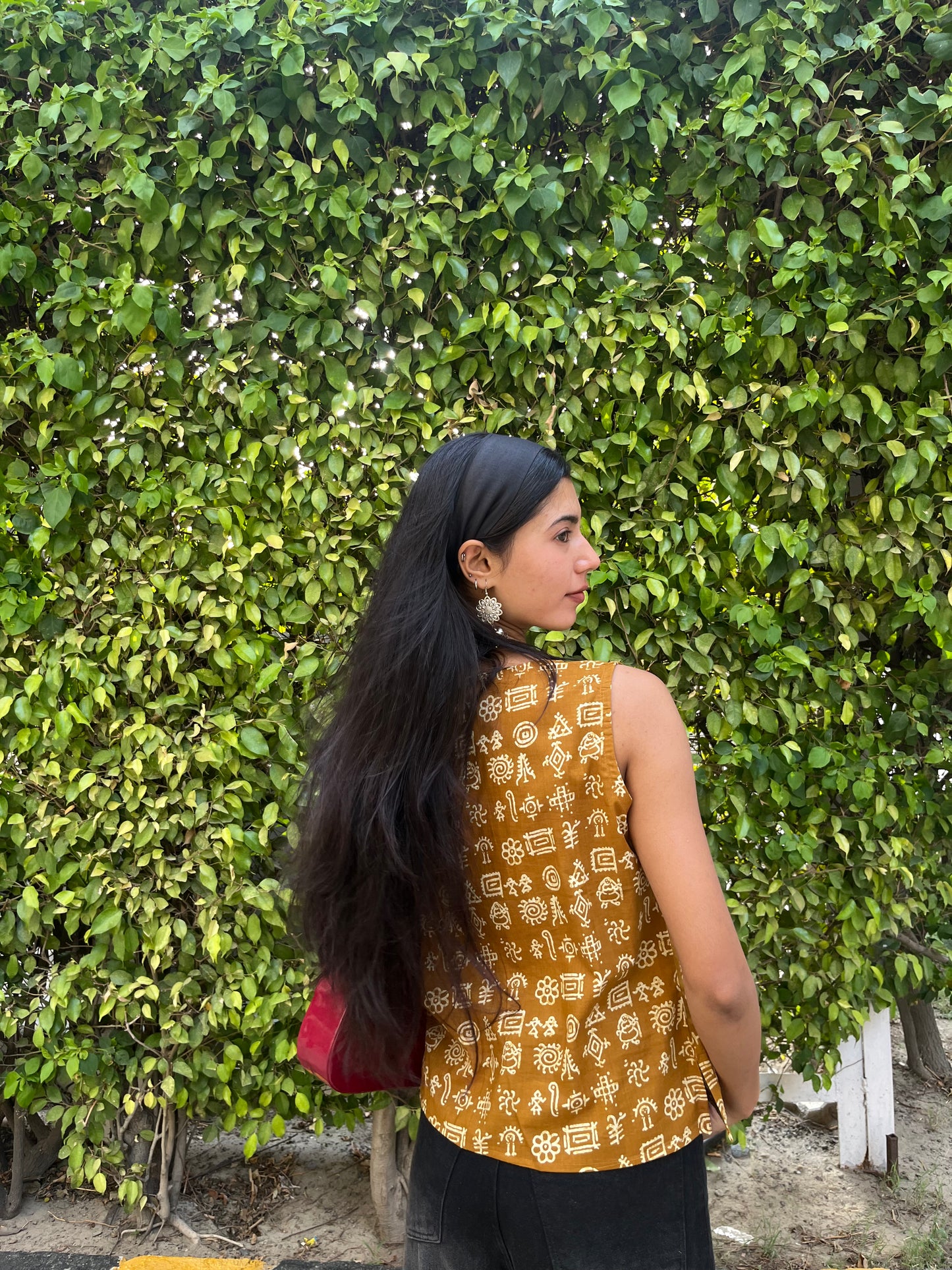 Mustard Tribal Printed Cotton Sleeveless Top for Women