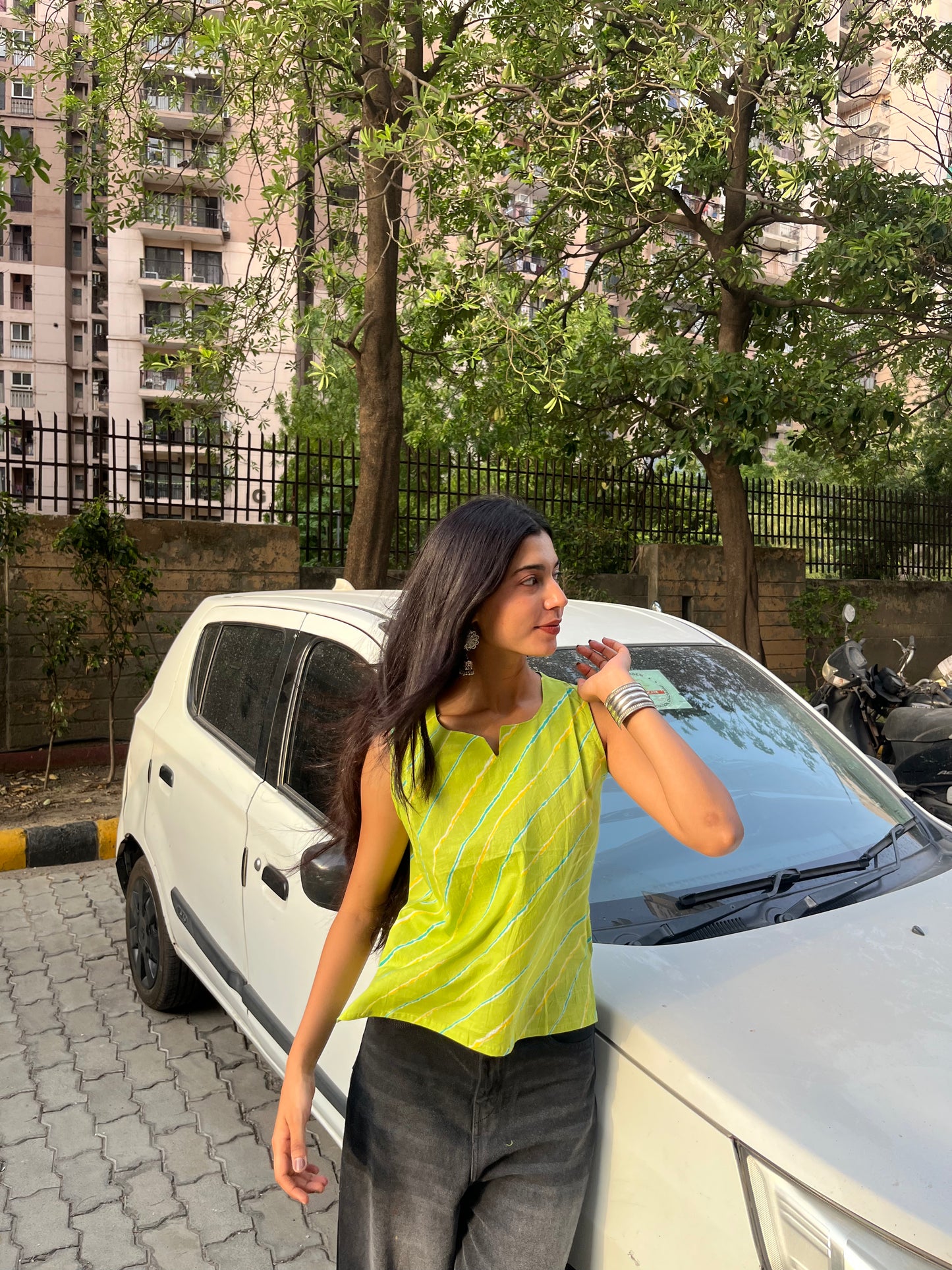Lime Green Leheriya Printed Cotton Sleeveless Top for Women