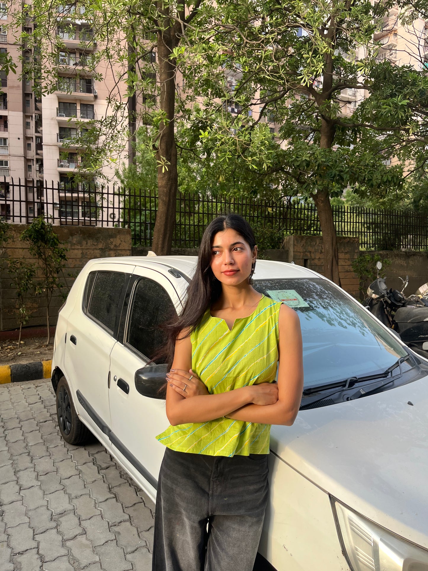 Lime Green Leheriya Printed Cotton Sleeveless Top for Women