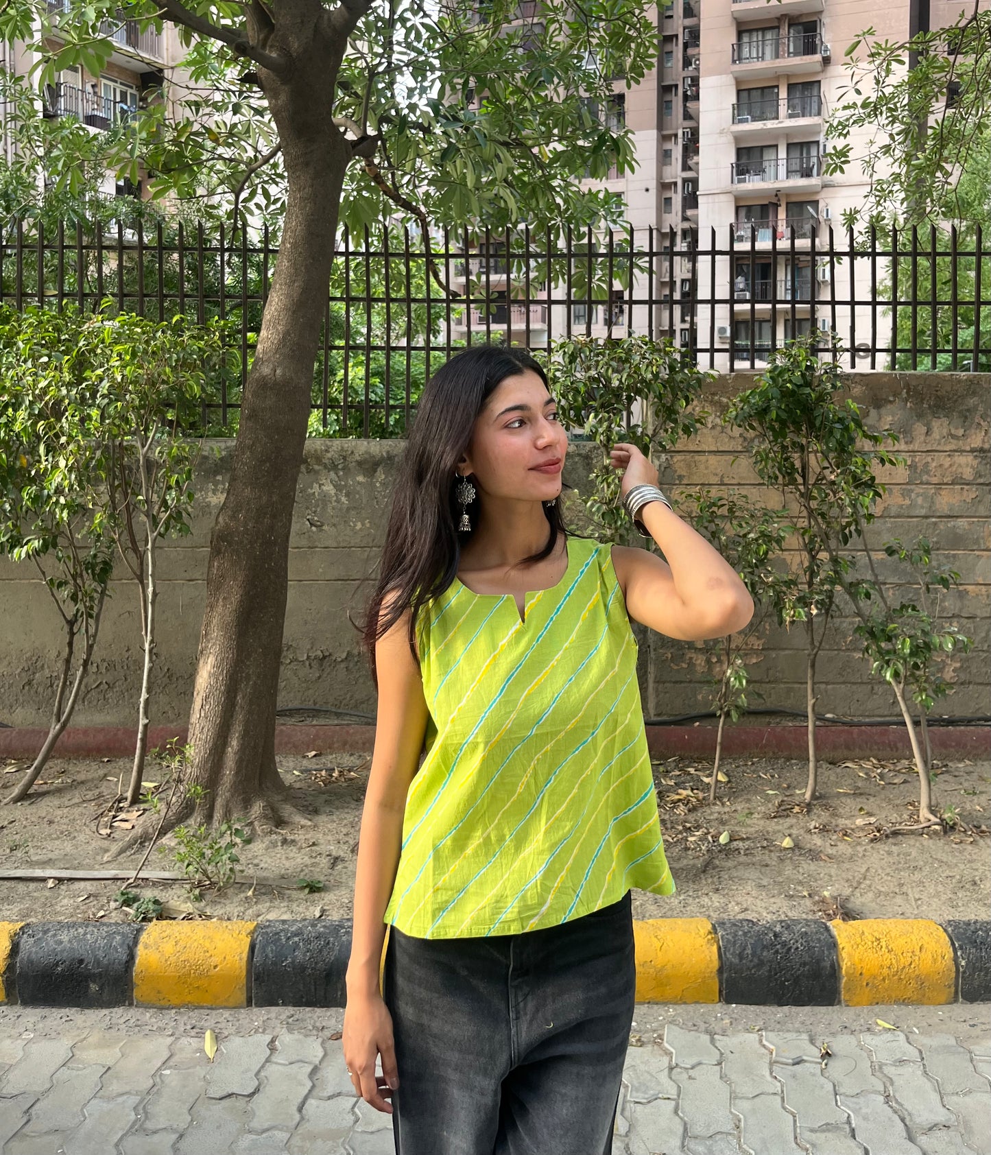 Lime Green Leheriya Printed Cotton Sleeveless Top for Women