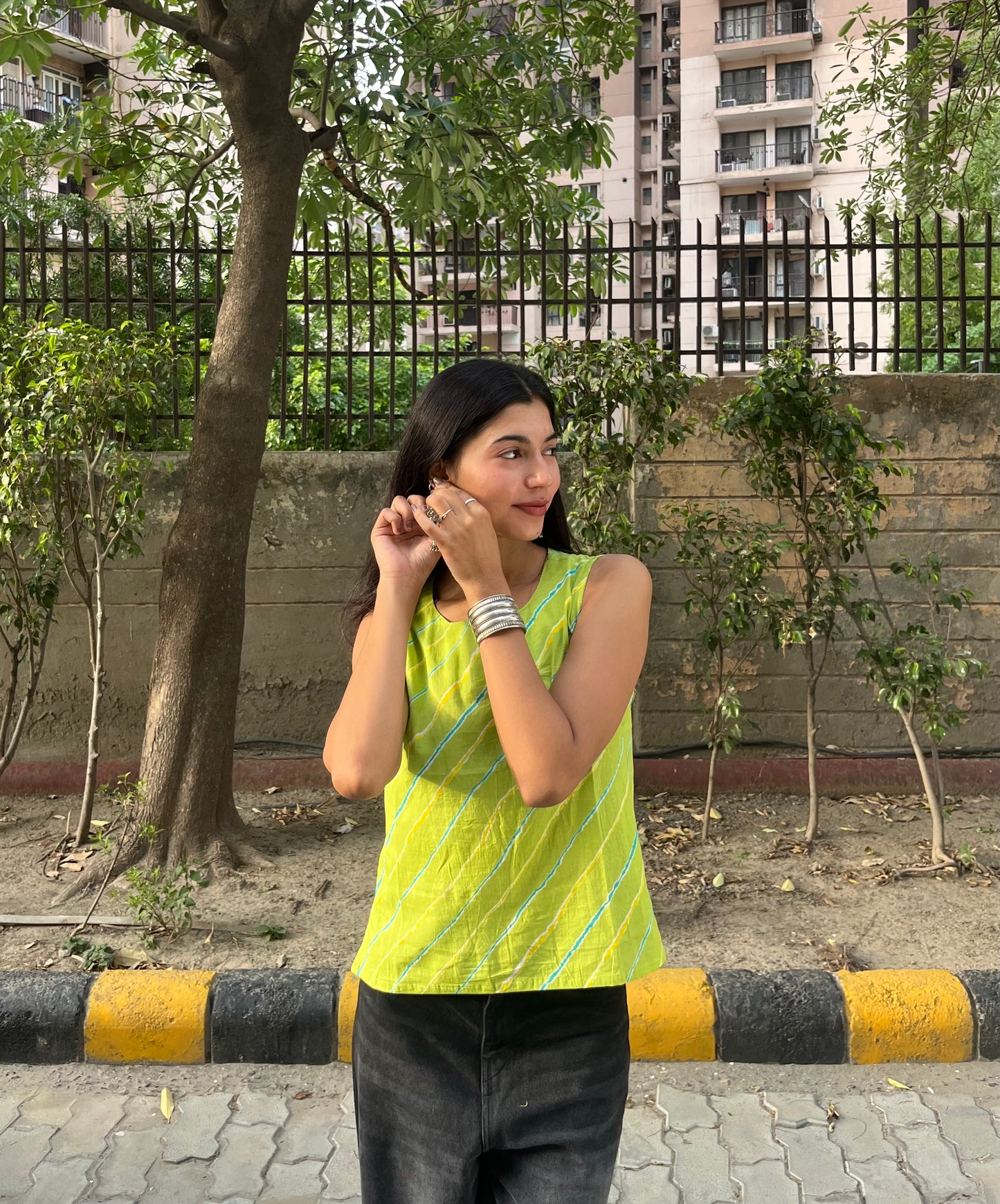 Lime Green Leheriya Printed Cotton Sleeveless Top for Women