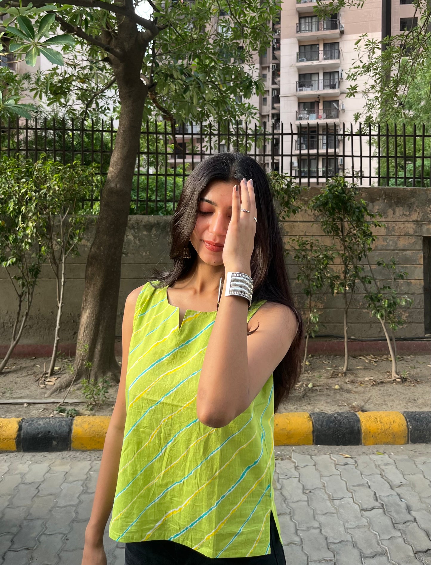 Lime Green Leheriya Printed Cotton Sleeveless Top for Women