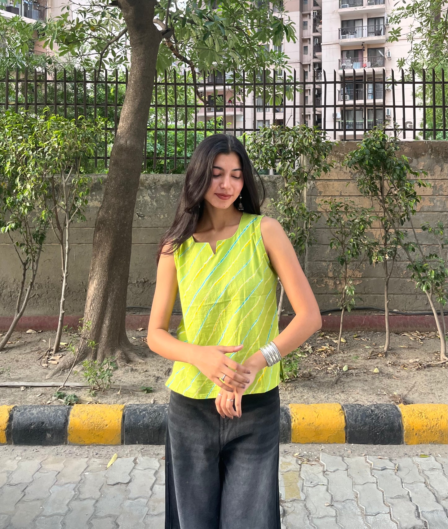 Lime Green Leheriya Printed Cotton Sleeveless Top for Women