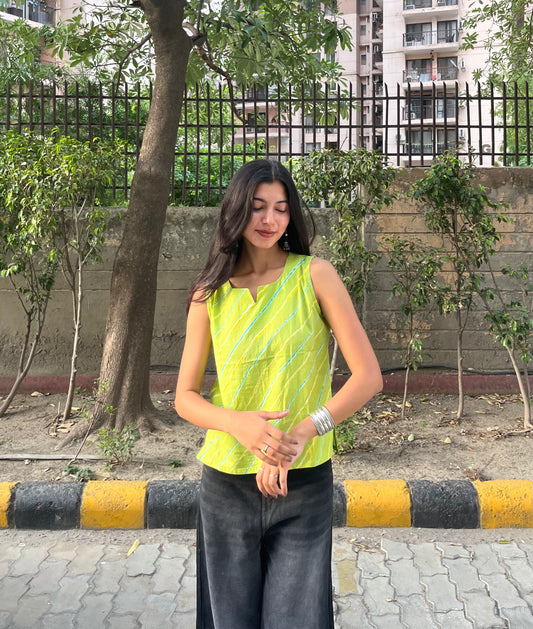 Lime Green Leheriya Printed Cotton Sleeveless Top for Women