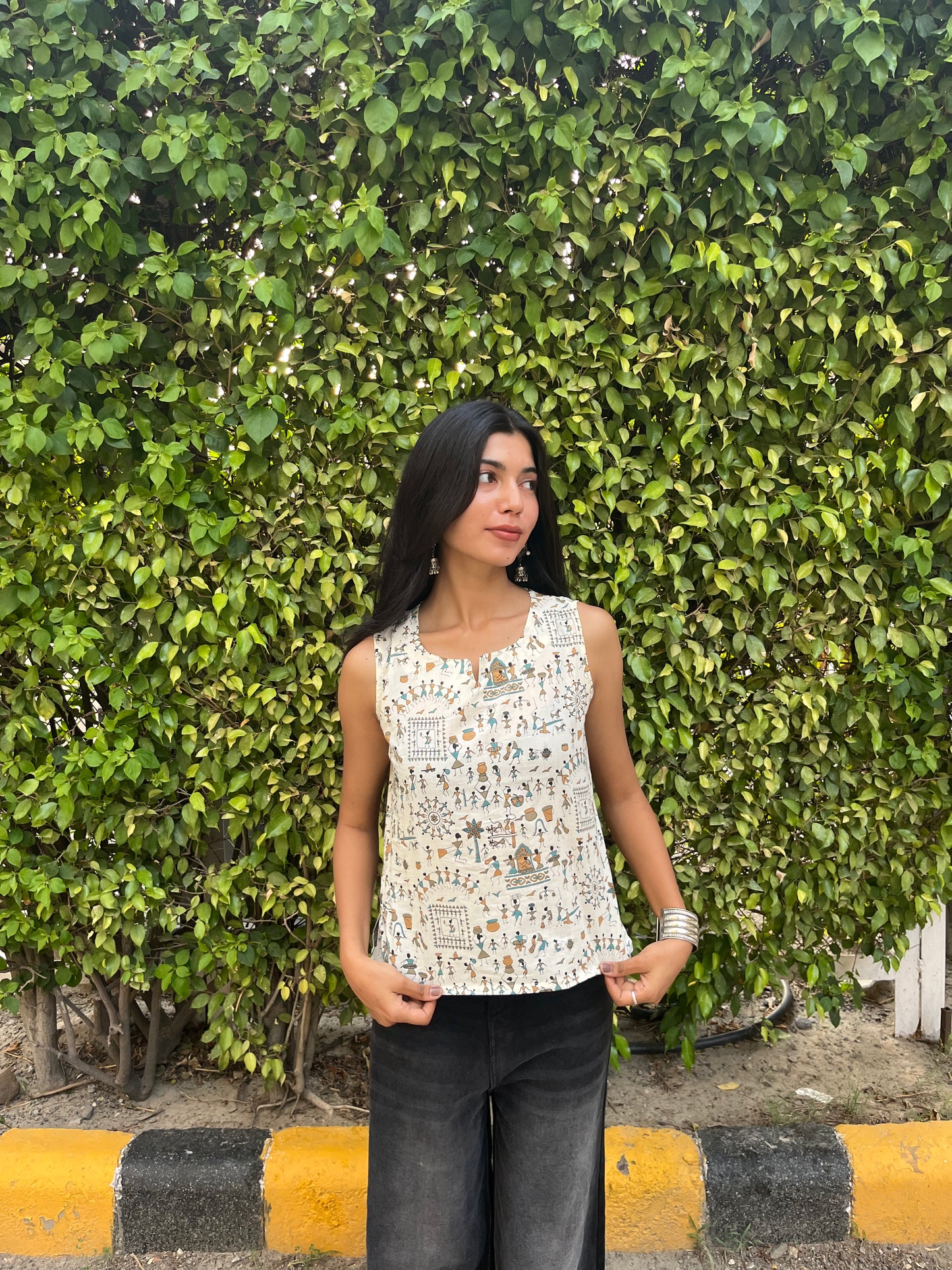 Ivory Warli Tribal Printed Cotton Sleeveless Top for Women