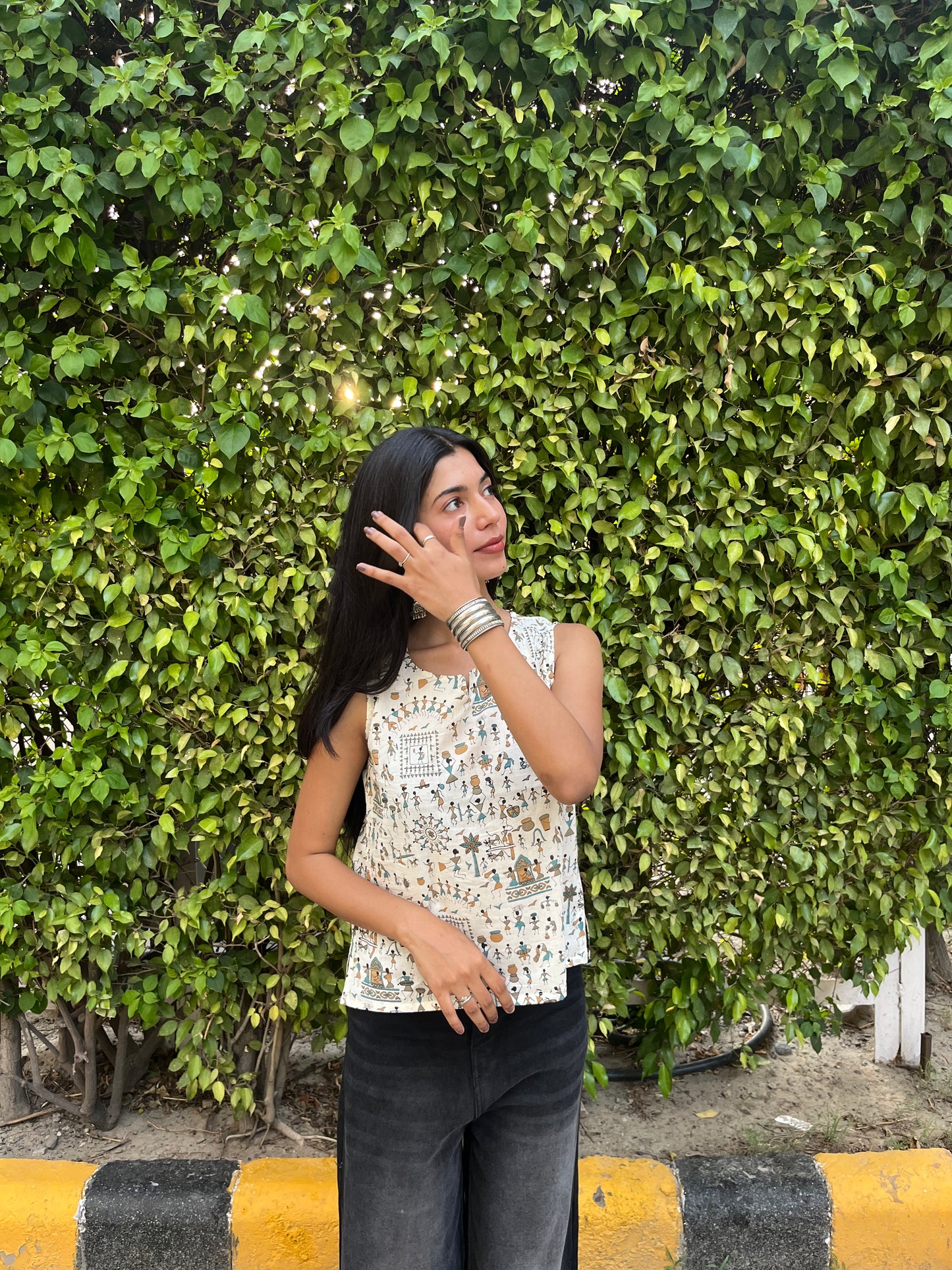 Ivory Warli Tribal Printed Cotton Sleeveless Top for Women