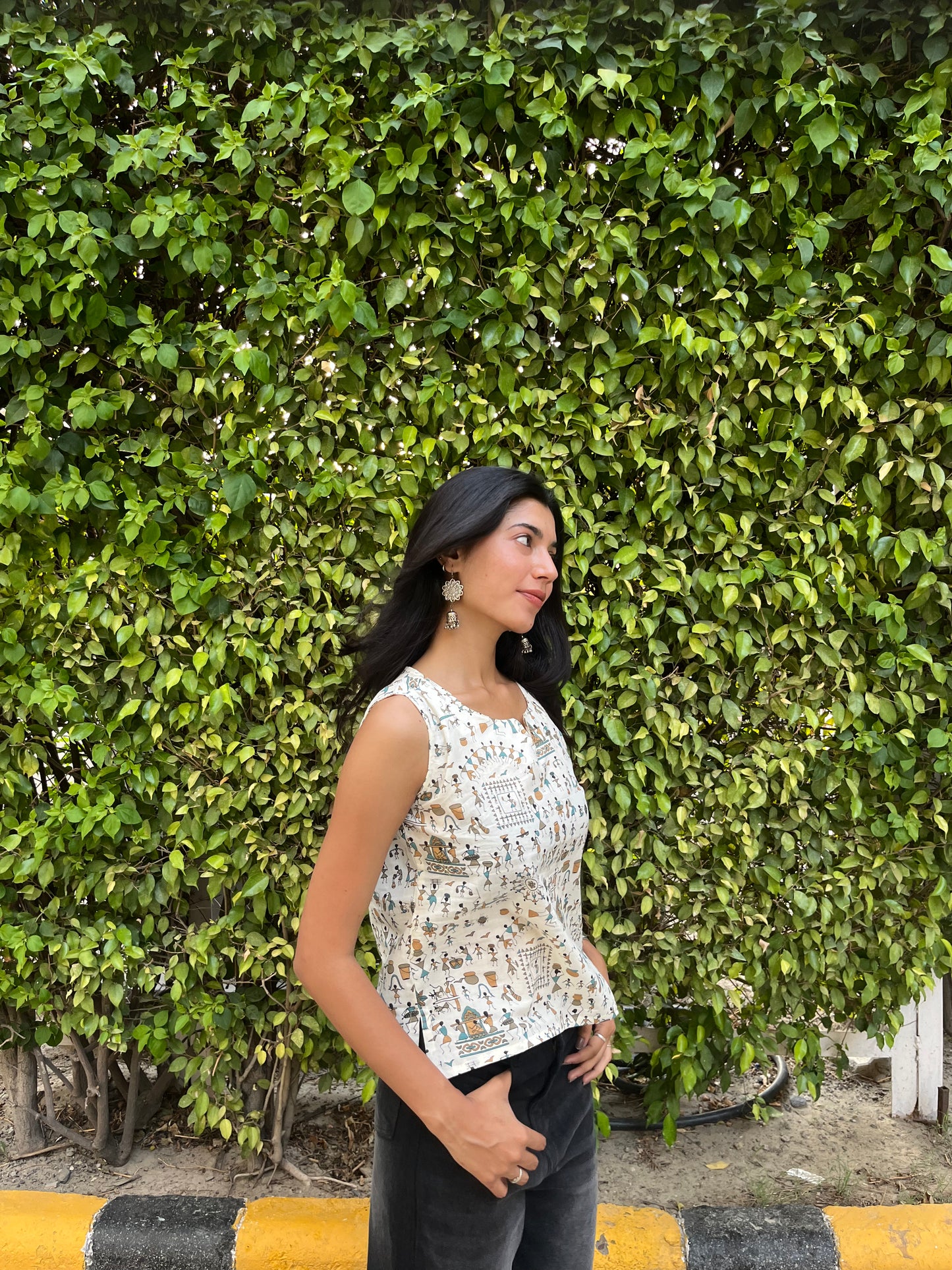 Ivory Warli Tribal Printed Cotton Sleeveless Top for Women