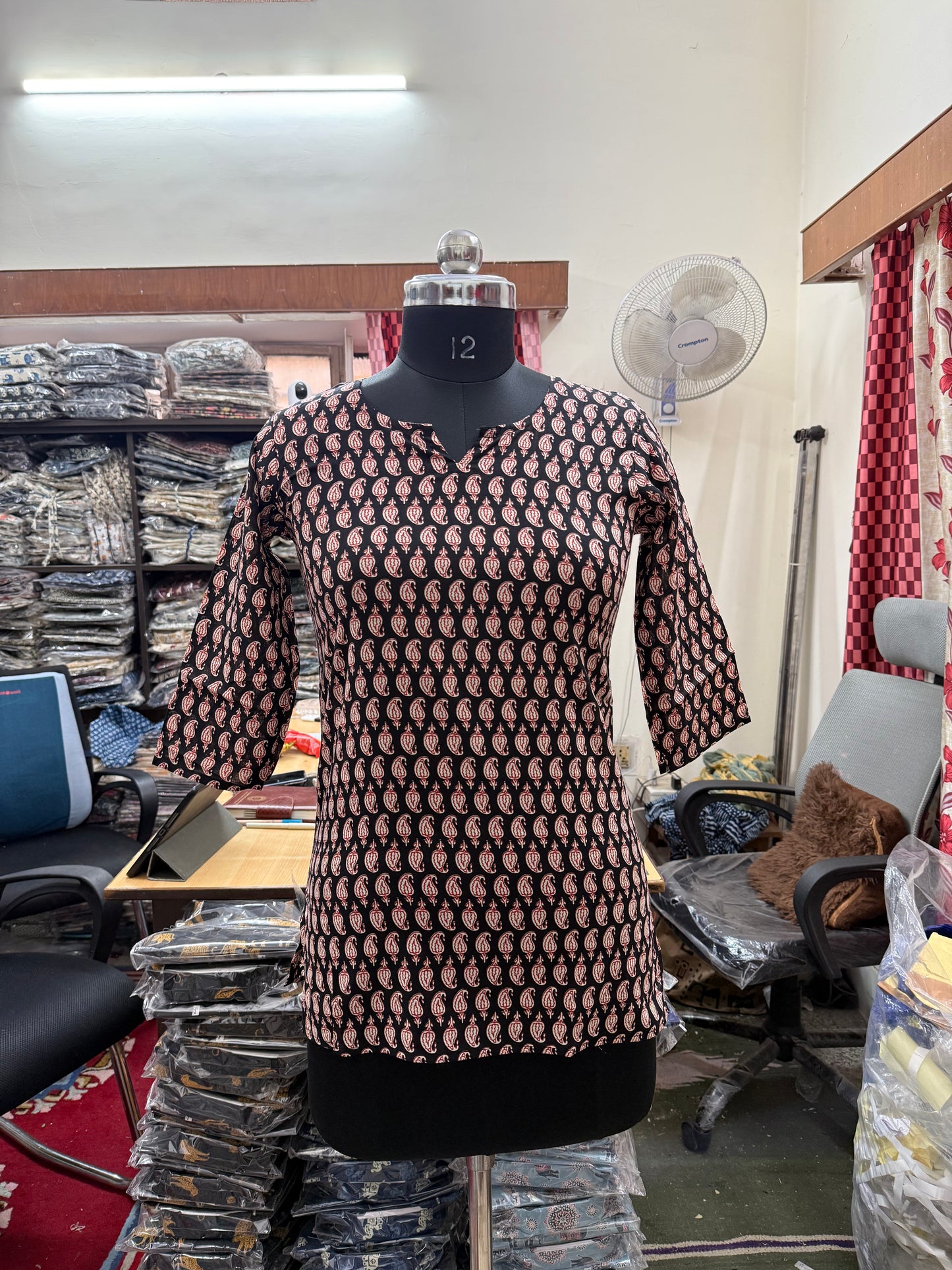Black & Rust Paisley Buti Print Cotton Short Kurti for Women