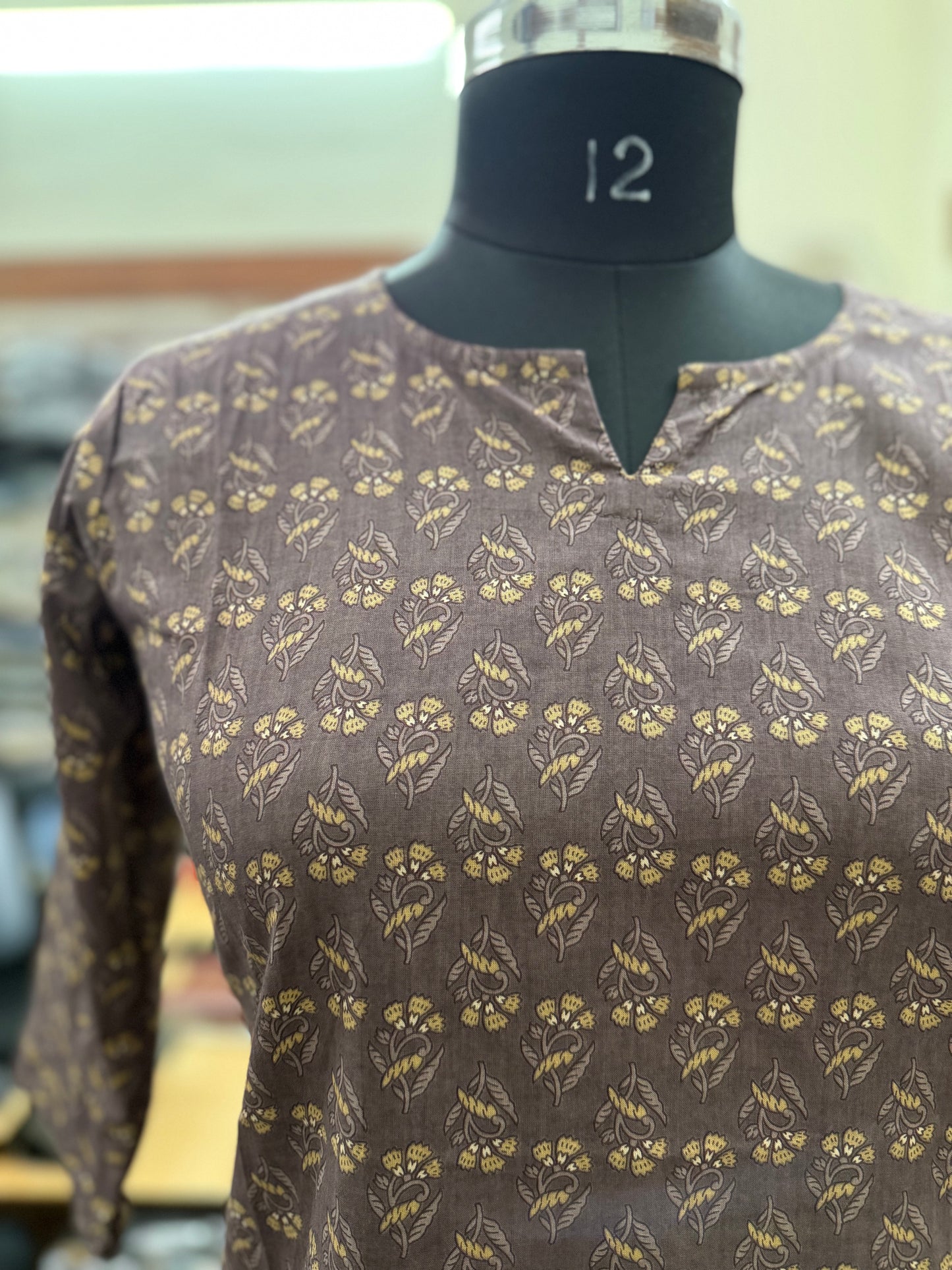 Taupe Brown Floral Buti Print Cotton Short Kurti for Women