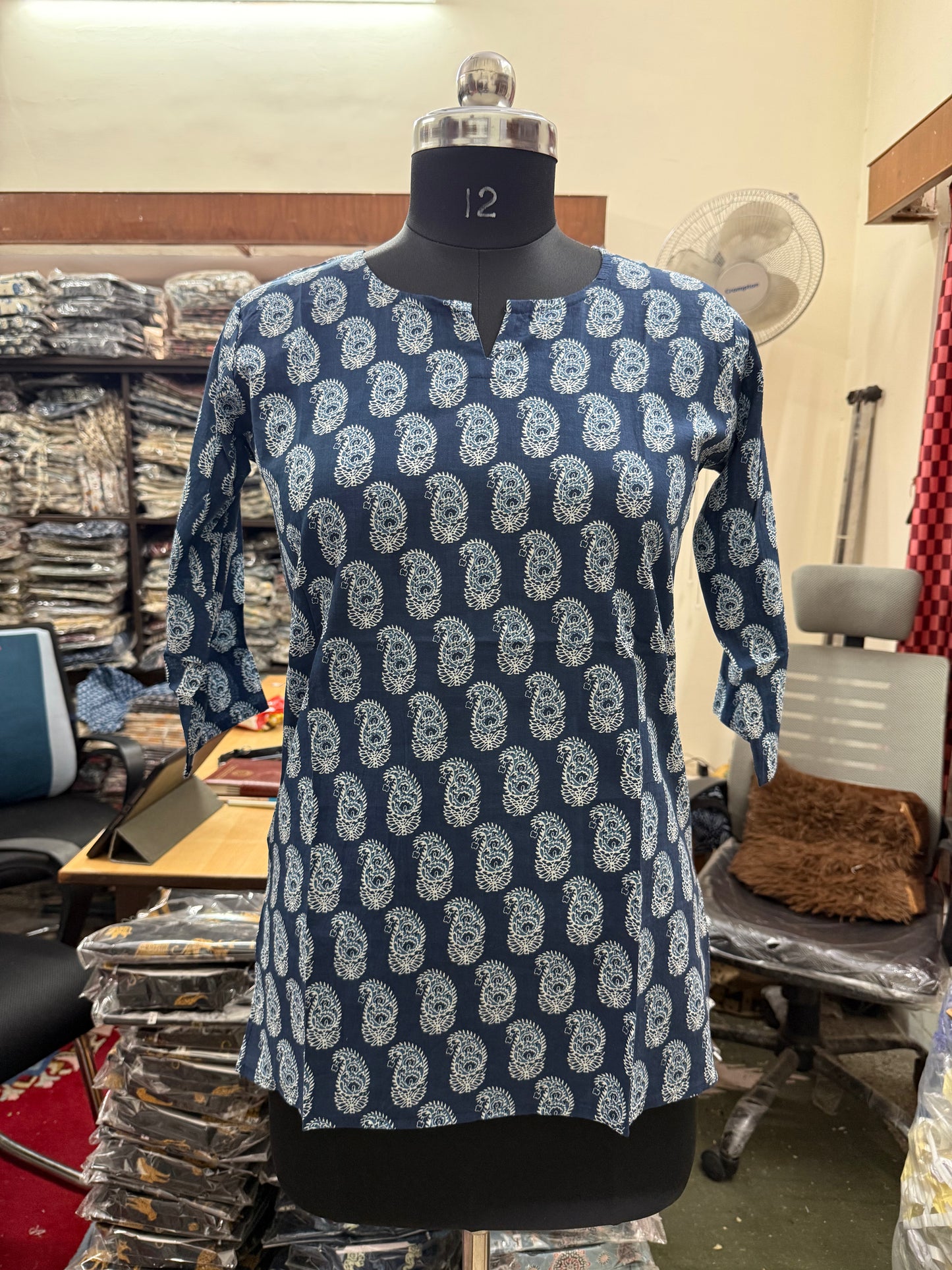 Indigo Paisley Block Print Cotton Short Kurti for Women