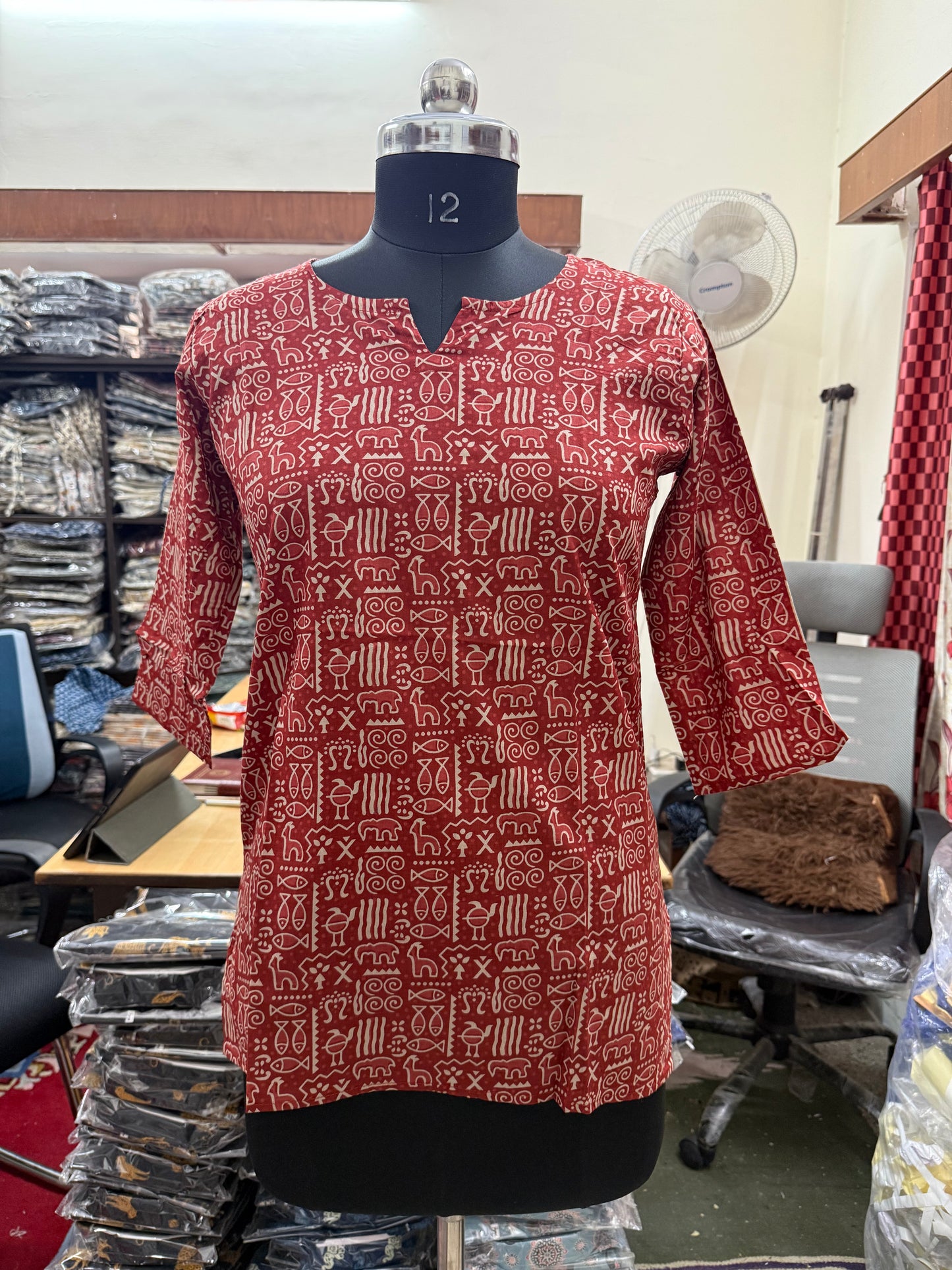 Red Tribal Folk Art Print Cotton Short Kurti for Women