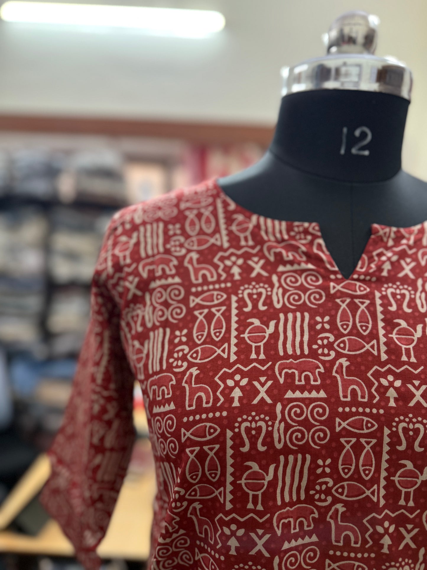 Red Tribal Folk Art Print Cotton Short Kurti for Women