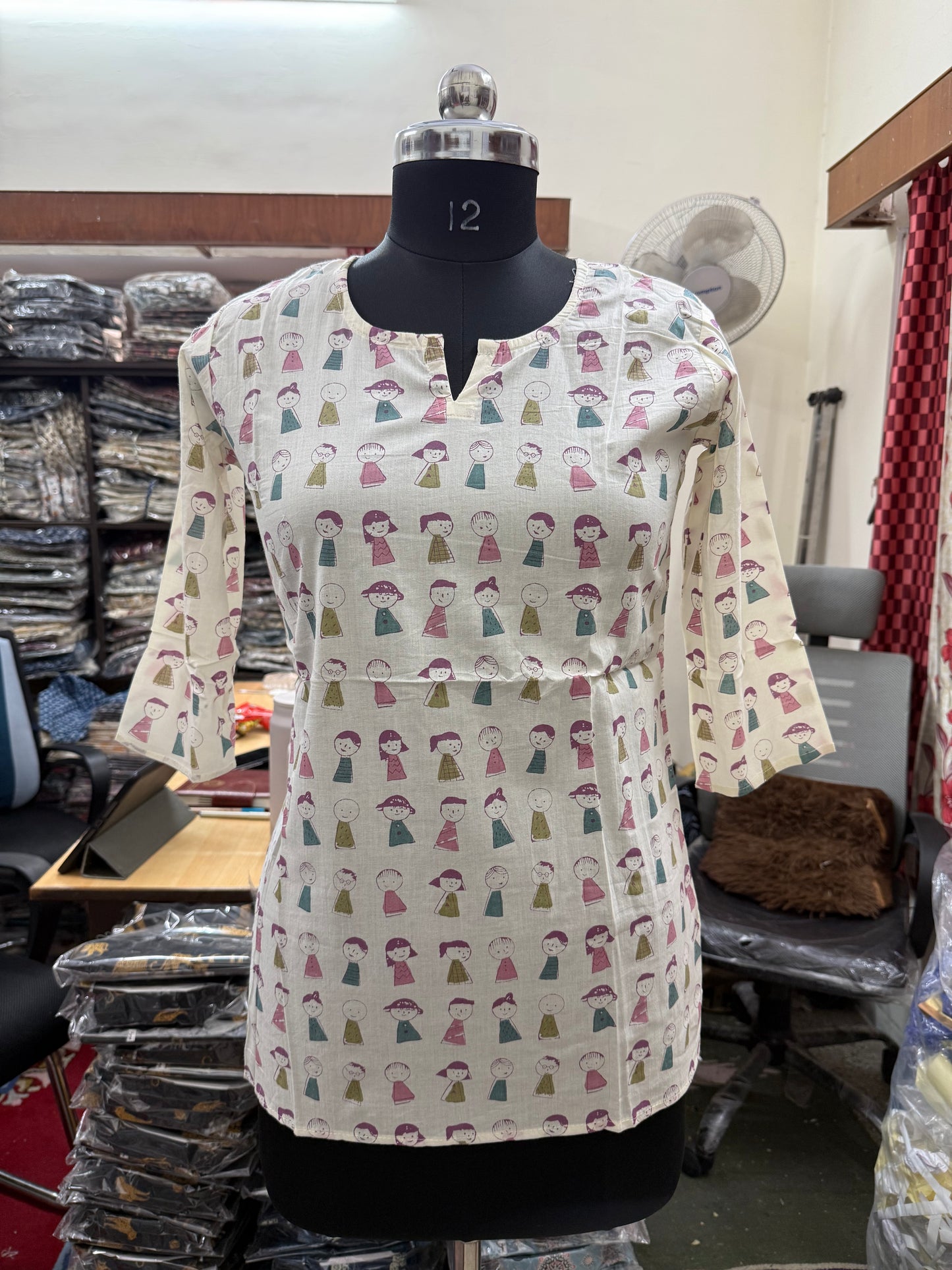 White Whimsical Hand-Block Doodle Print Cotton Short Kurti for Women