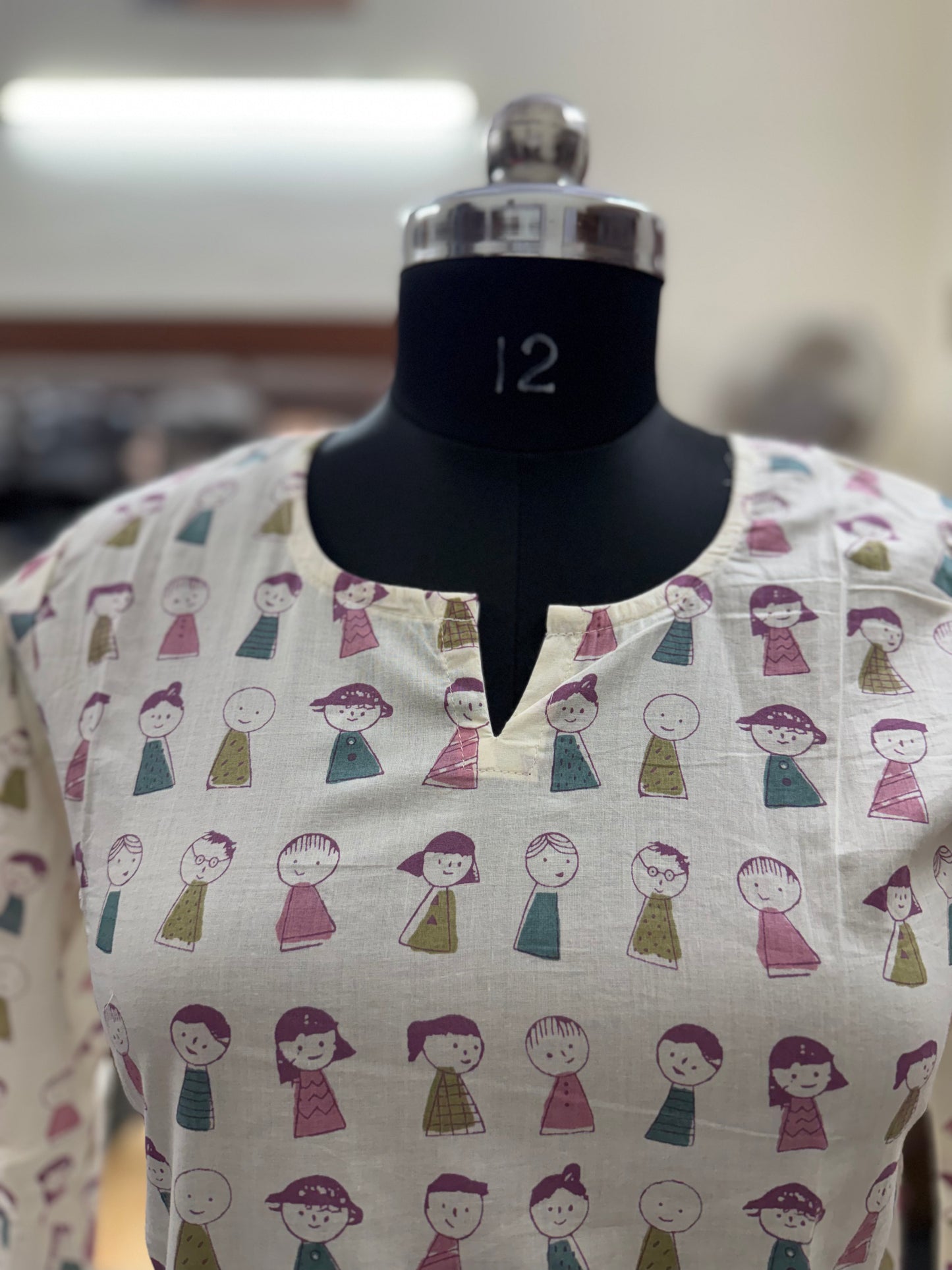 White Whimsical Hand-Block Doodle Print Cotton Short Kurti for Women