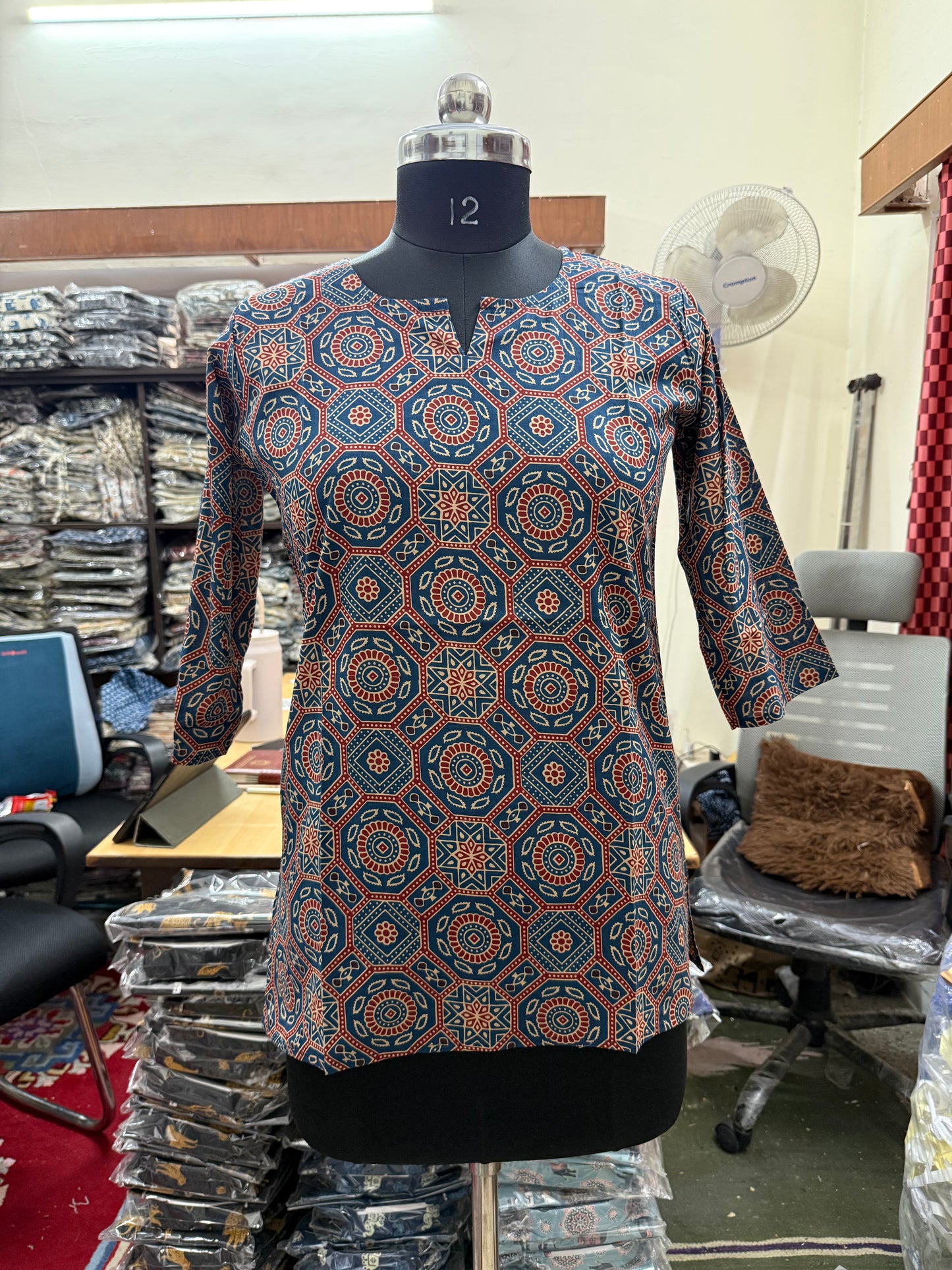 Blue Ajrakh Geometric Mandala Print Cotton Short Kurti for Women