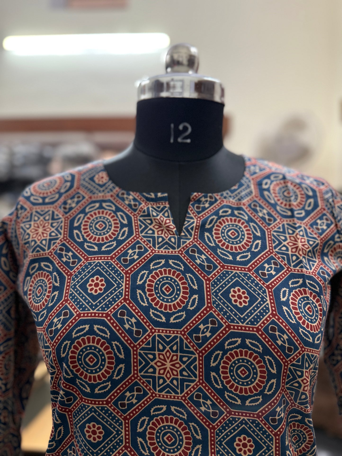 Blue Ajrakh Geometric Mandala Print Cotton Short Kurti for Women