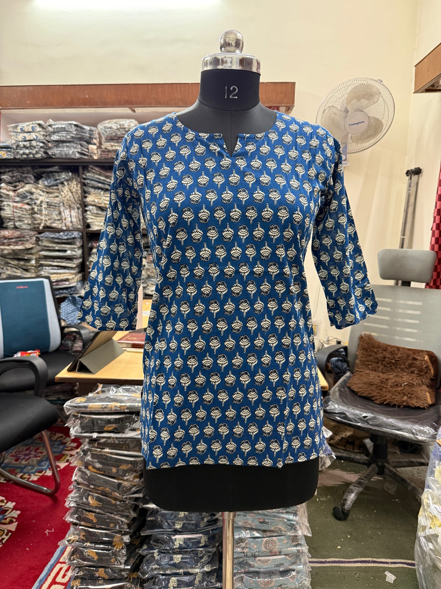 Indigo Blue Ethnic Buti Print Cotton Short Kurti for Women
