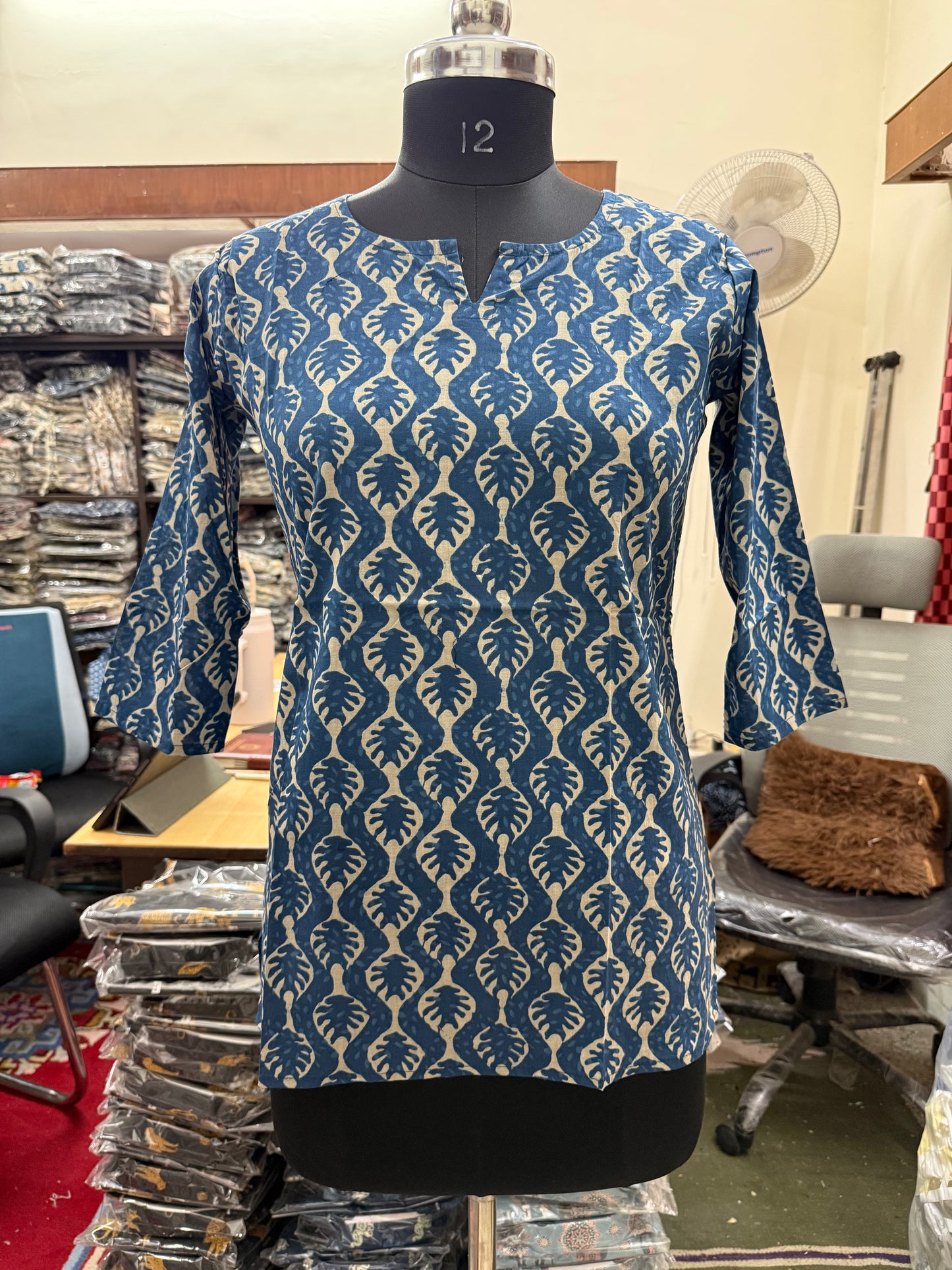Blue Indigo Leaf Block Print Cotton Short Kurti for Women