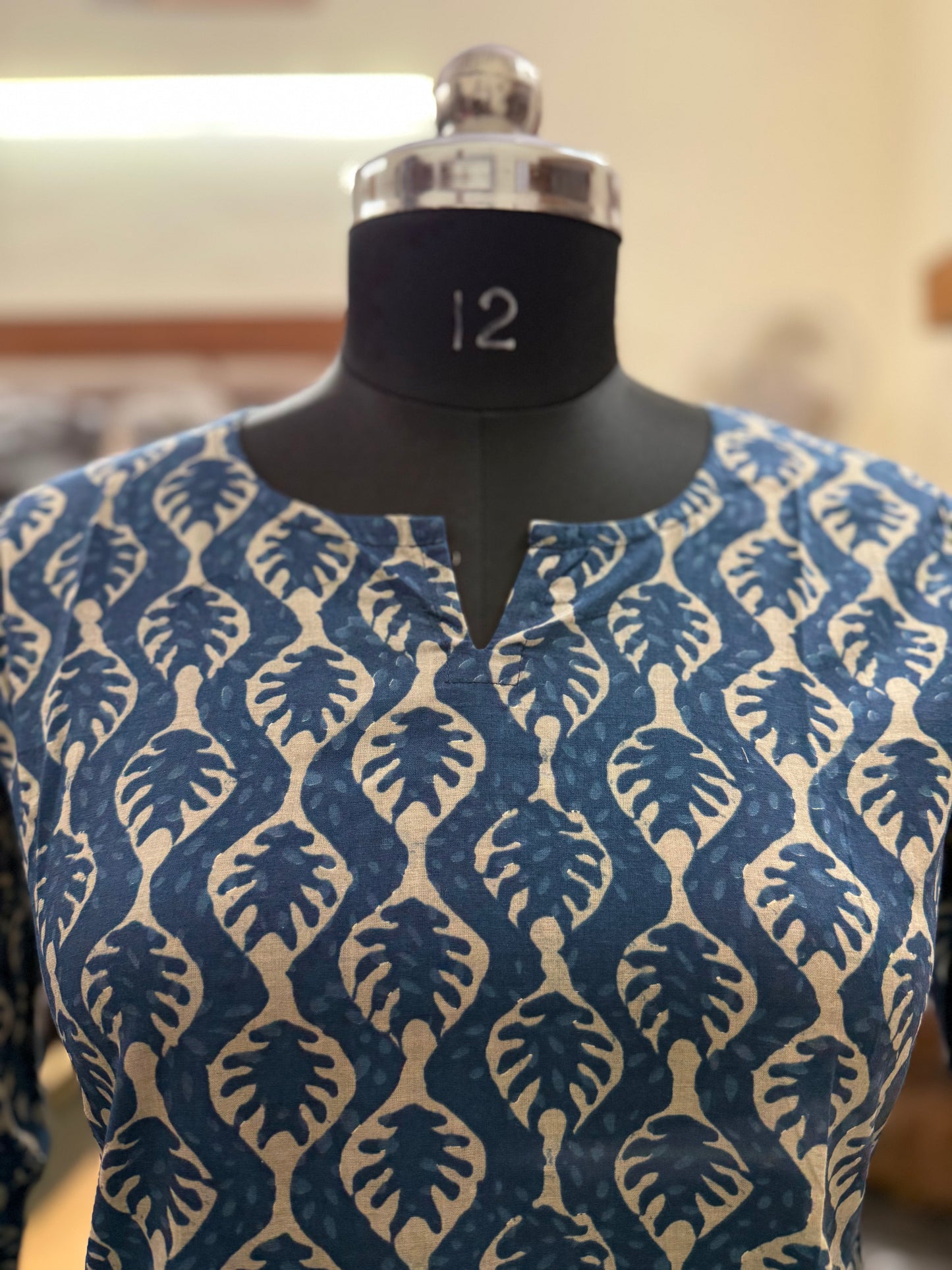 Blue Indigo Leaf Block Print Cotton Short Kurti for Women
