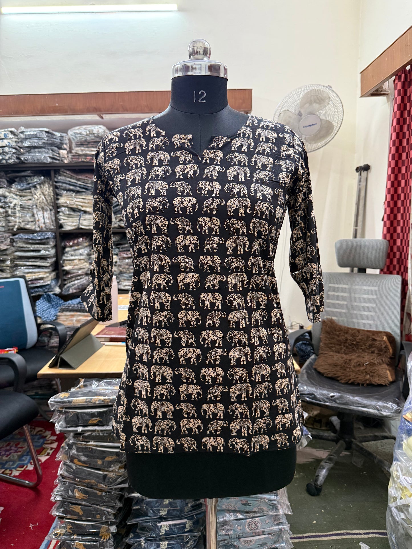 Black & Gold Elephant Block Print Cotton Short Kurti for Women