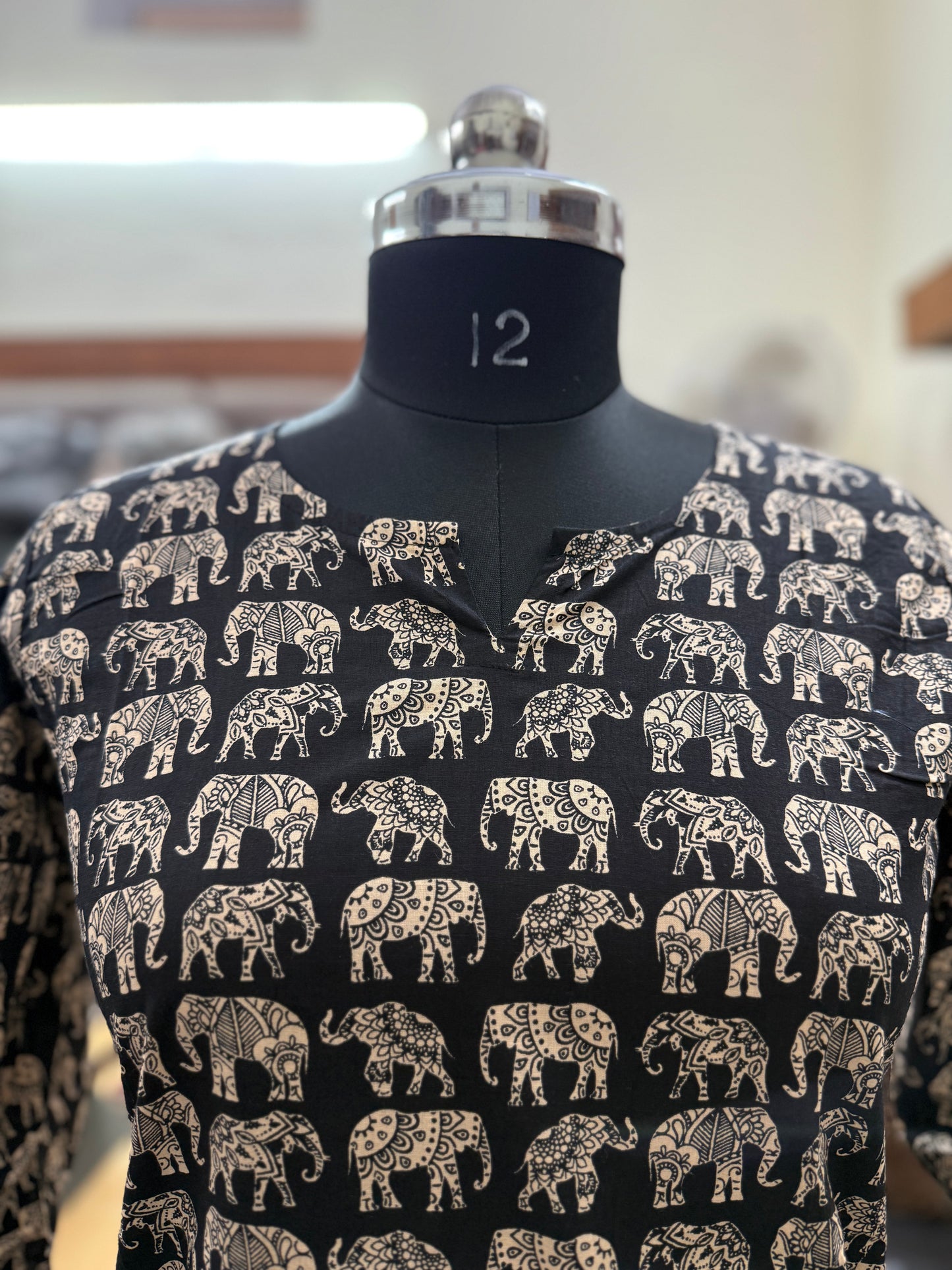 Black & Gold Elephant Block Print Cotton Short Kurti for Women