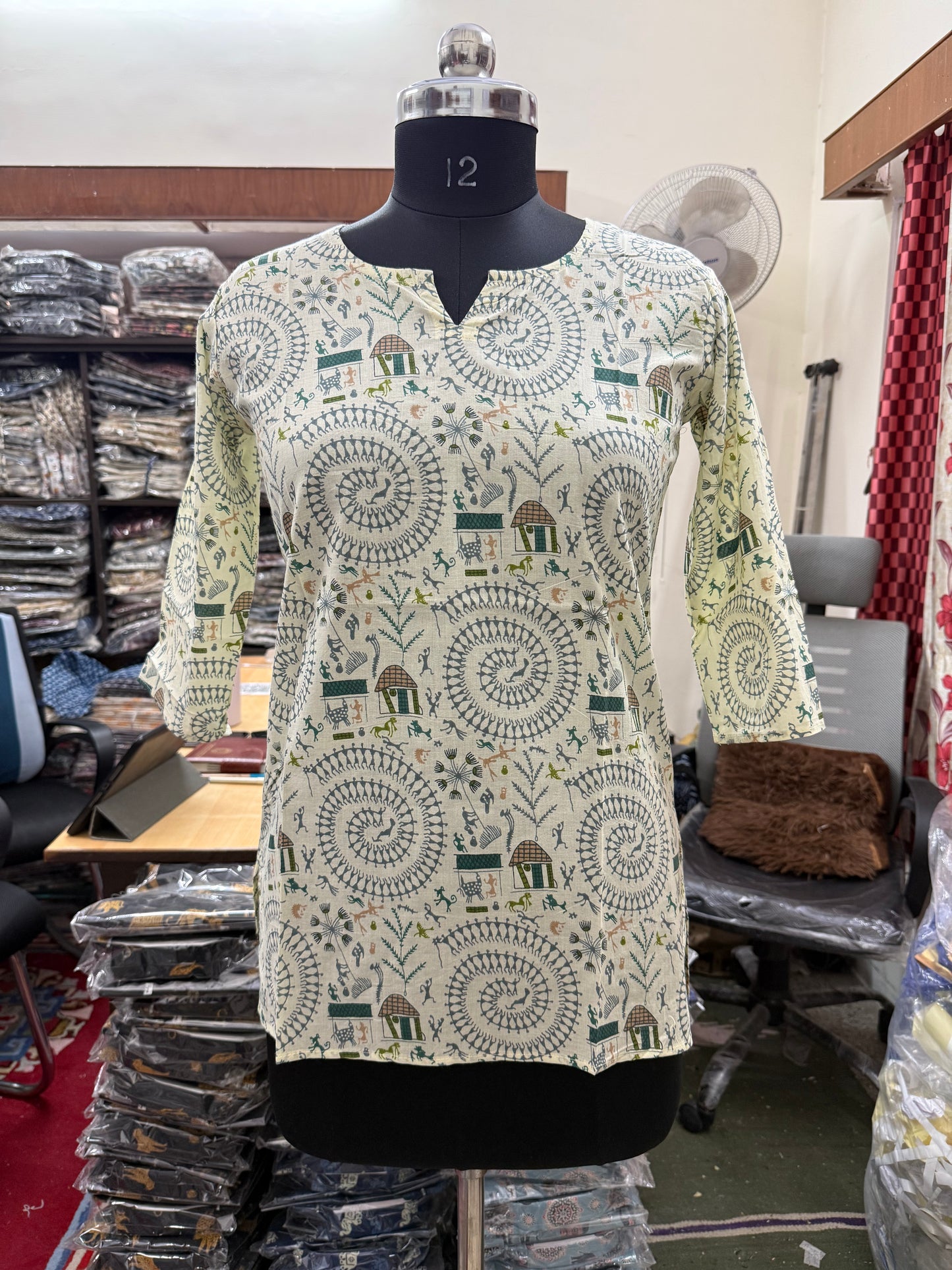 Off-White Warli Tribal Print Cotton Short Kurti for Women