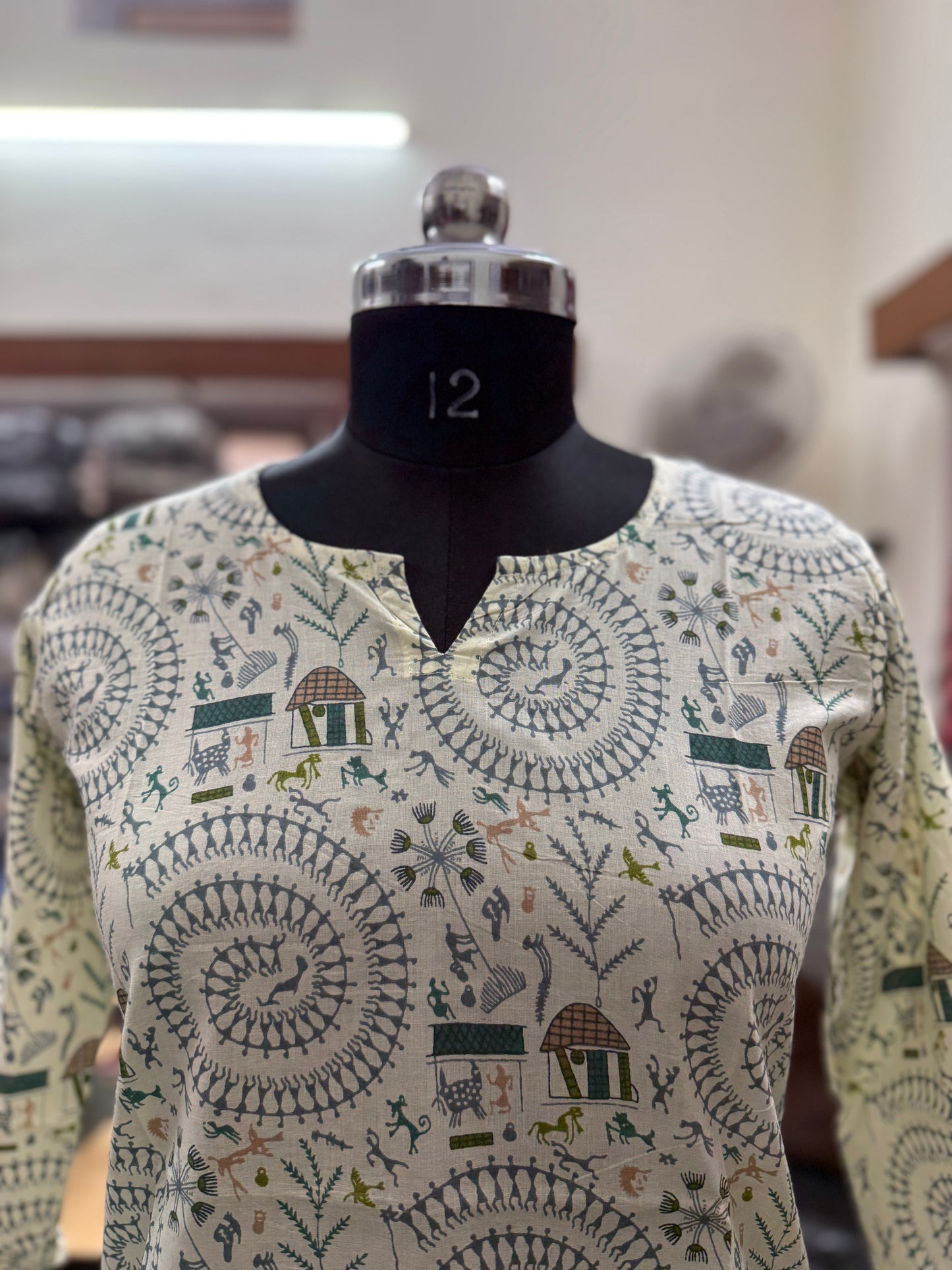 Off-White Warli Tribal Print Cotton Short Kurti for Women