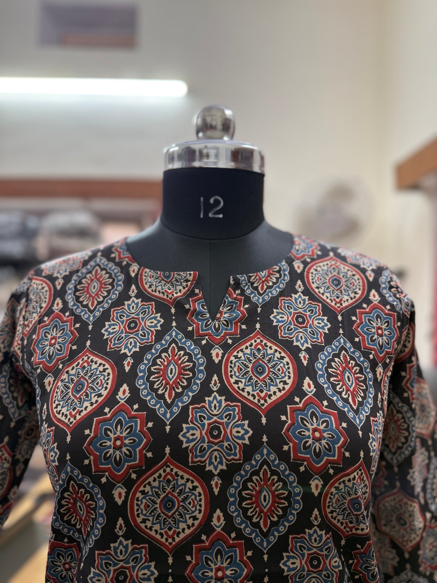 Black Ajrakh Geometric Print Cotton Short Kurti for Women