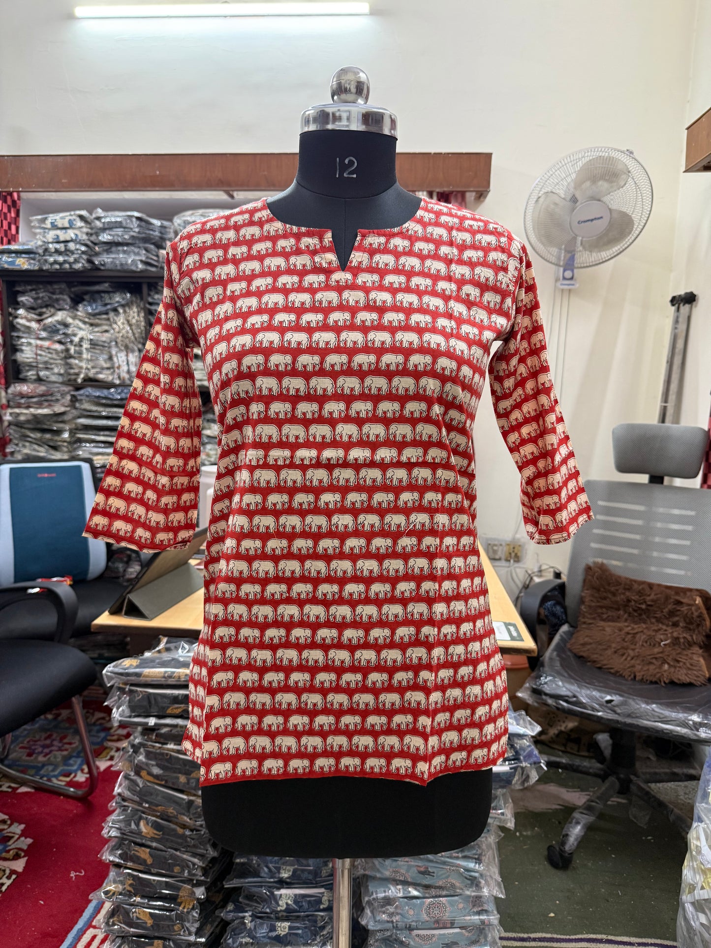 Red Elephant Block Print Cotton Short Kurti for Women