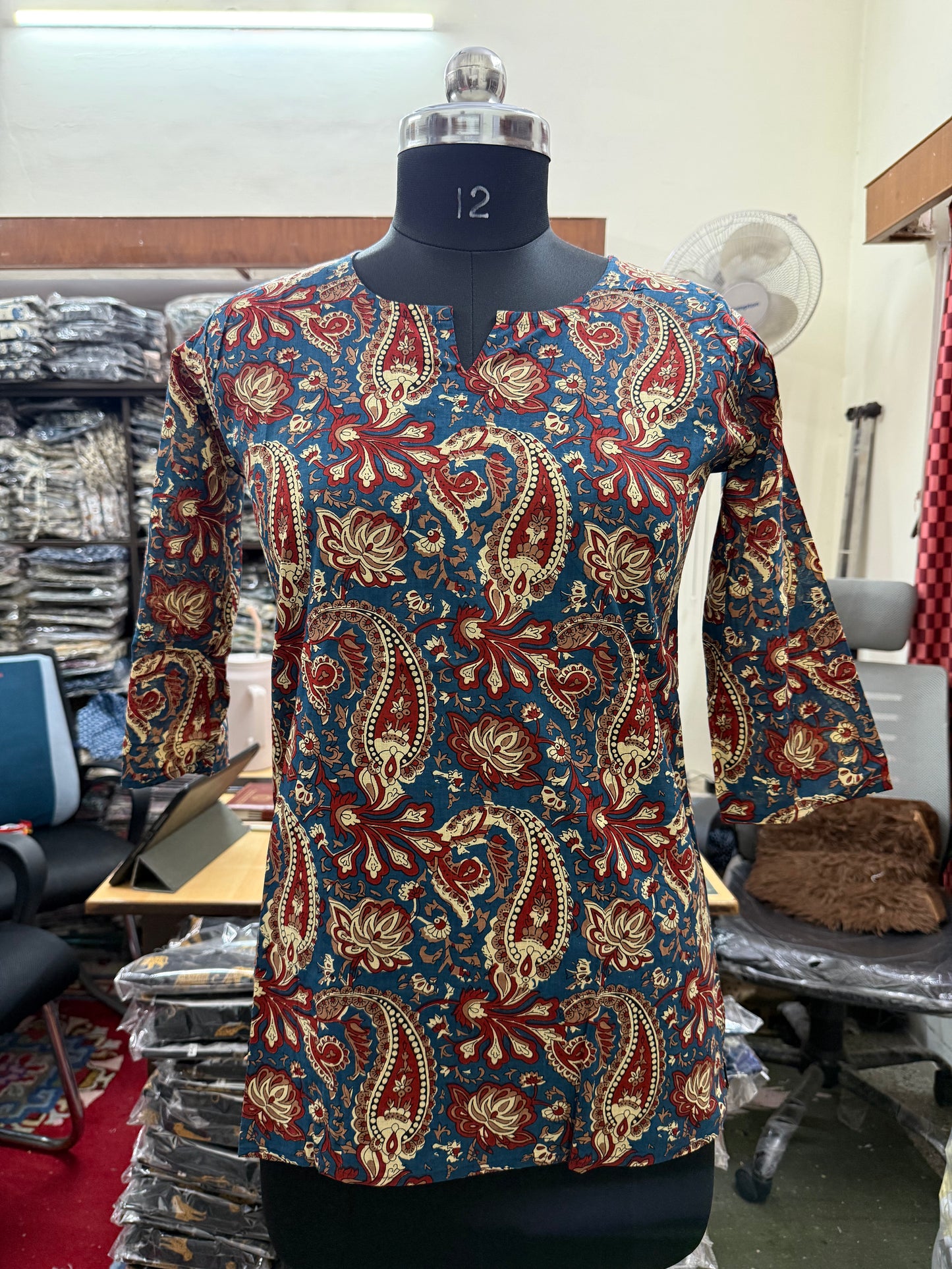 Teal Blue Kalamkari Paisley Print Cotton Short Kurti for Women