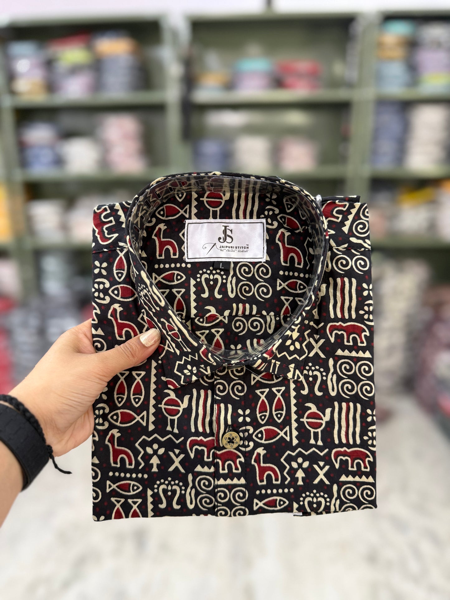 Black Ethnic Motif Printed Mens Half Sleeves Cotton Shirt