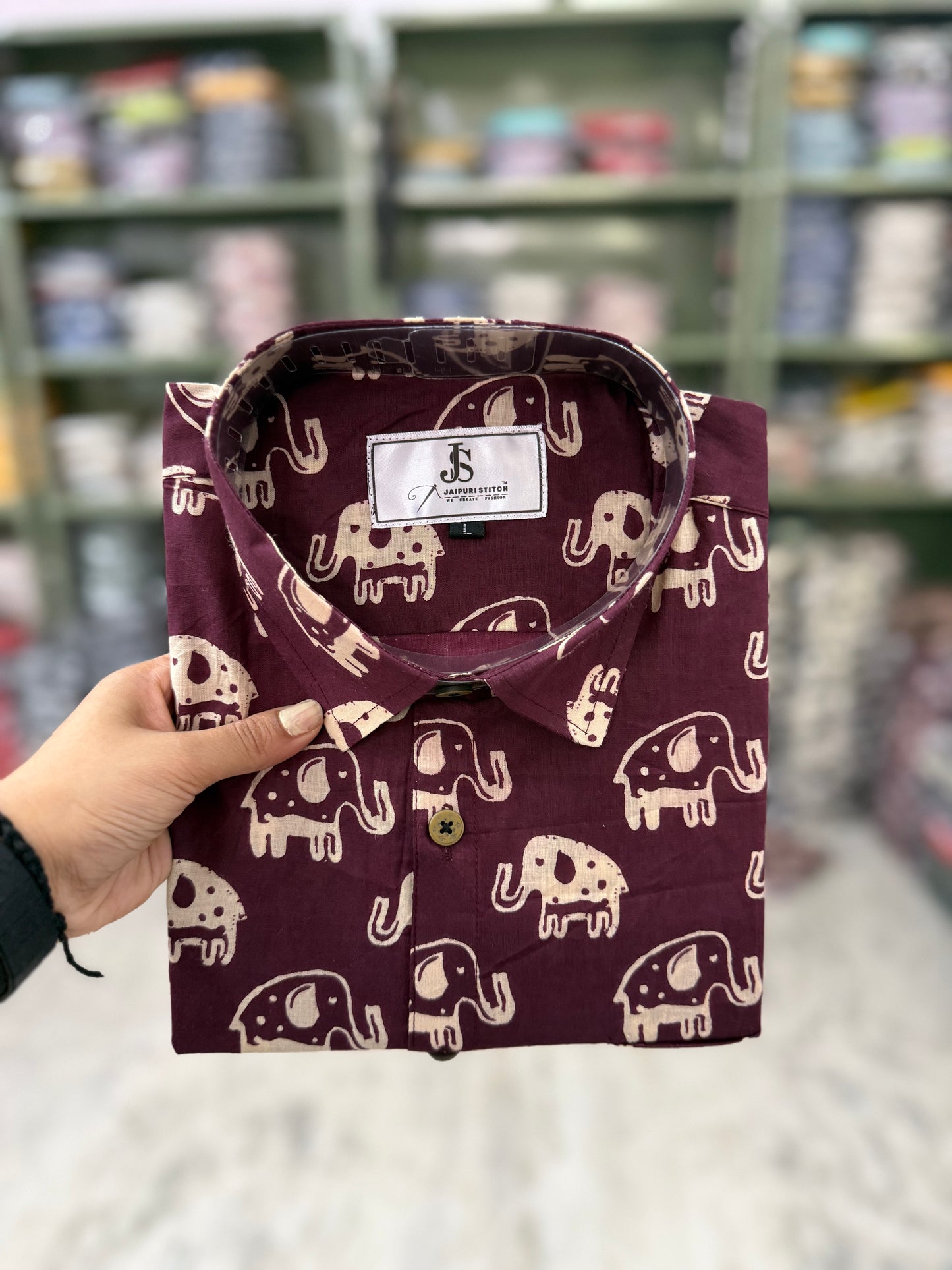 Maroon Beige Elephant Printed Mens Half Sleeves Cotton Shirt