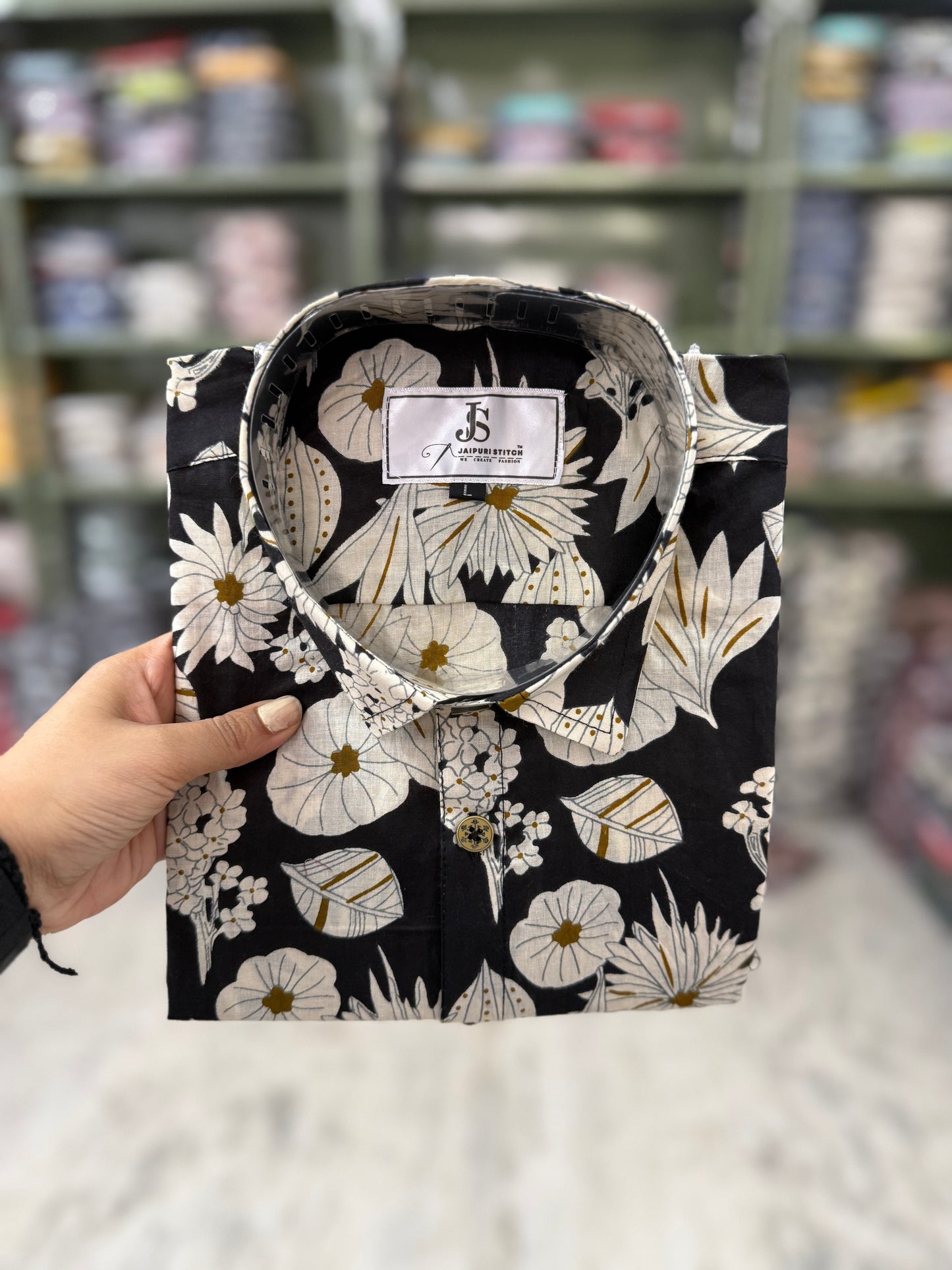 Black Floral Printed Mens Half Sleeves Cotton Shirt