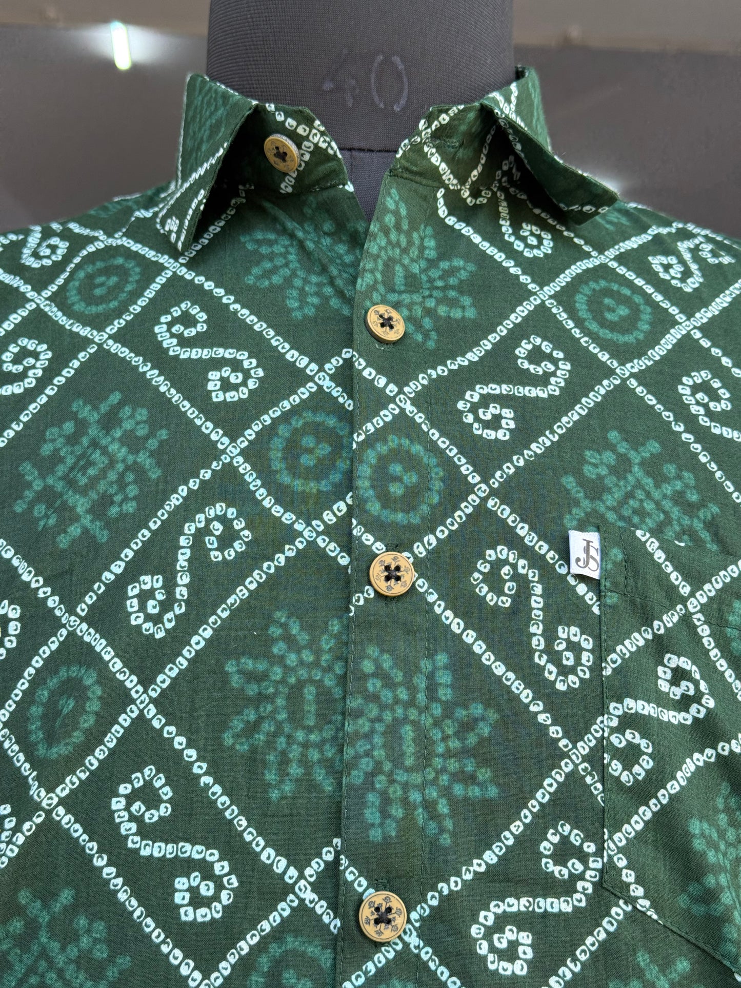 New Green Bandhani/Bandhej Printed Mens Half Sleeves Cotton Shirt